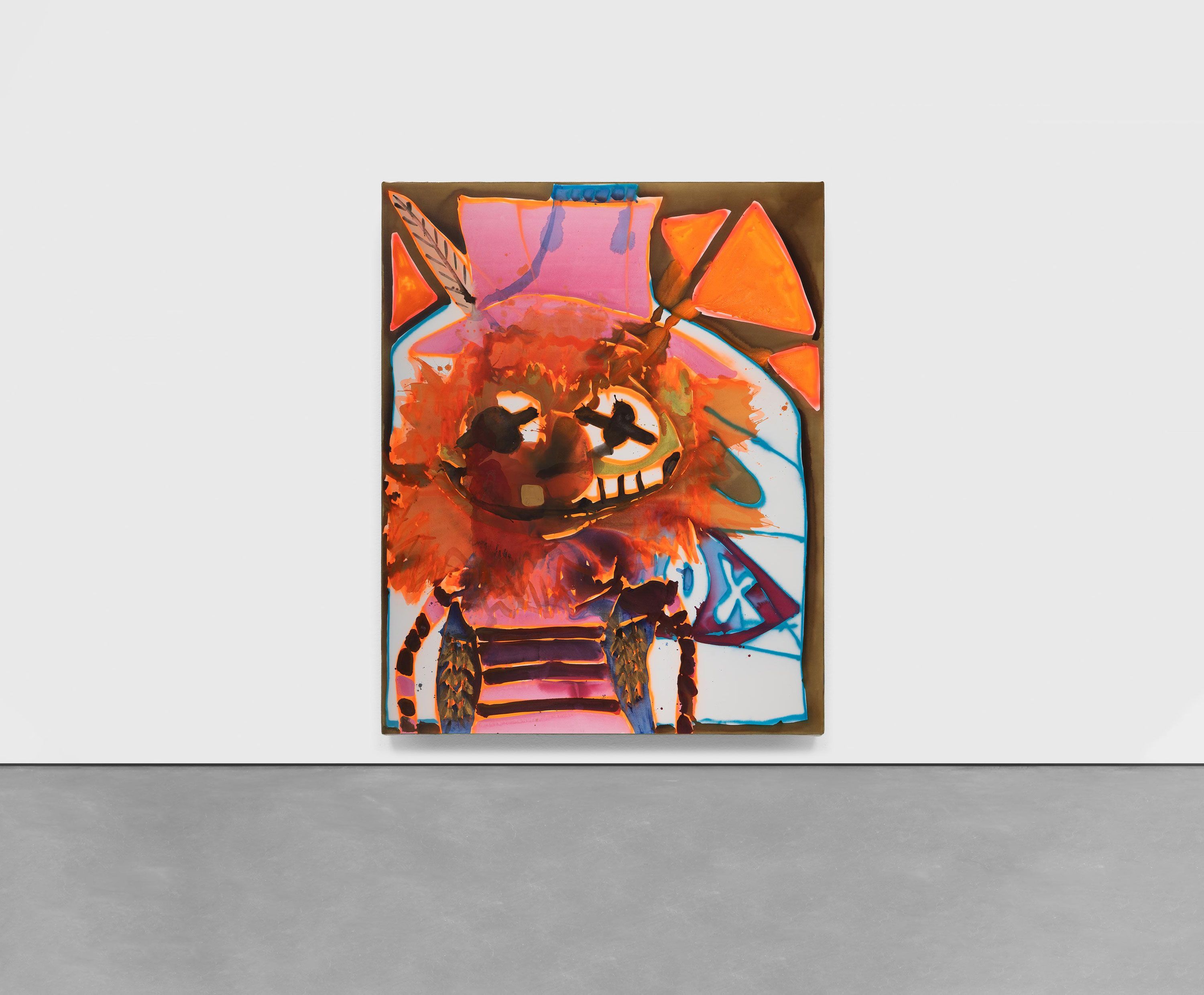 An installation view of an acrylic and spray paint on canvas artwork by Katherine Bernhardt, titled Dr Teeth plus Doritos, dated 2021.