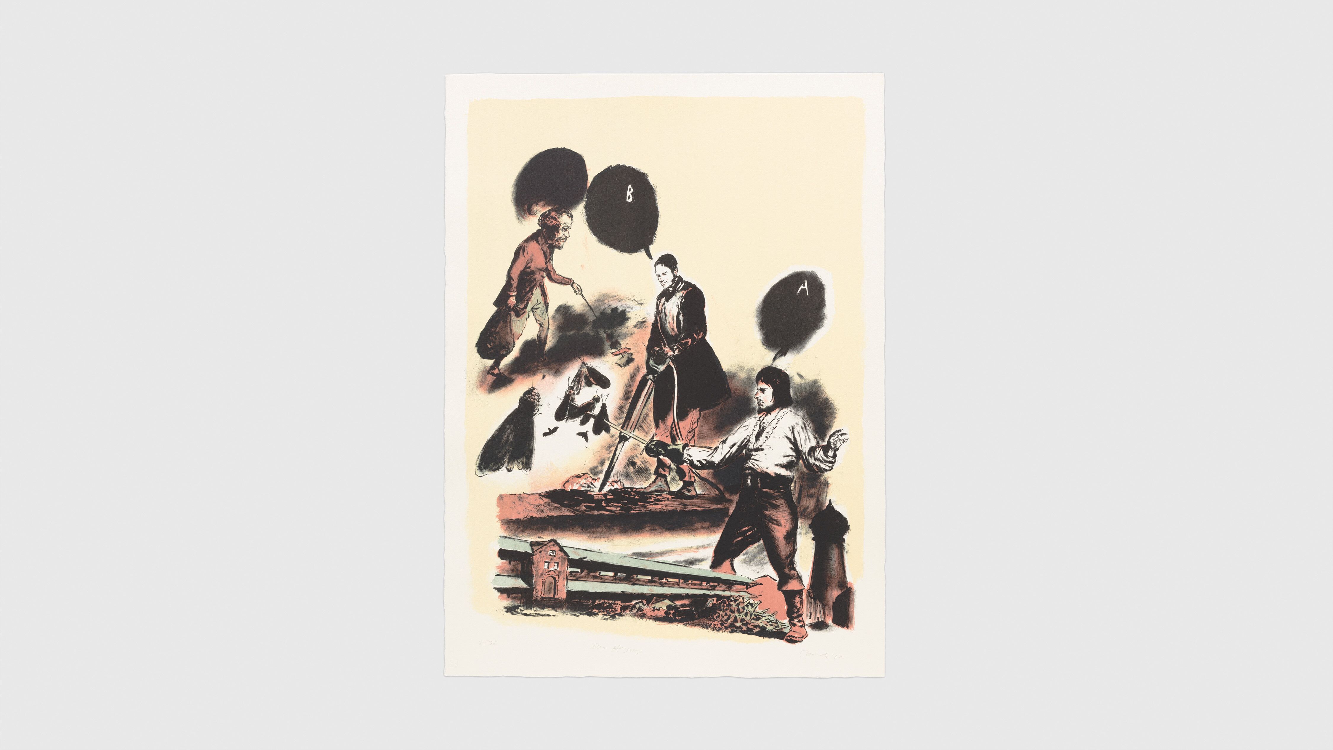 A four-color lithograph on Hahnemühle Alt Worms paper by Neo Rauch, titled Der Hergang, dated 2020.
