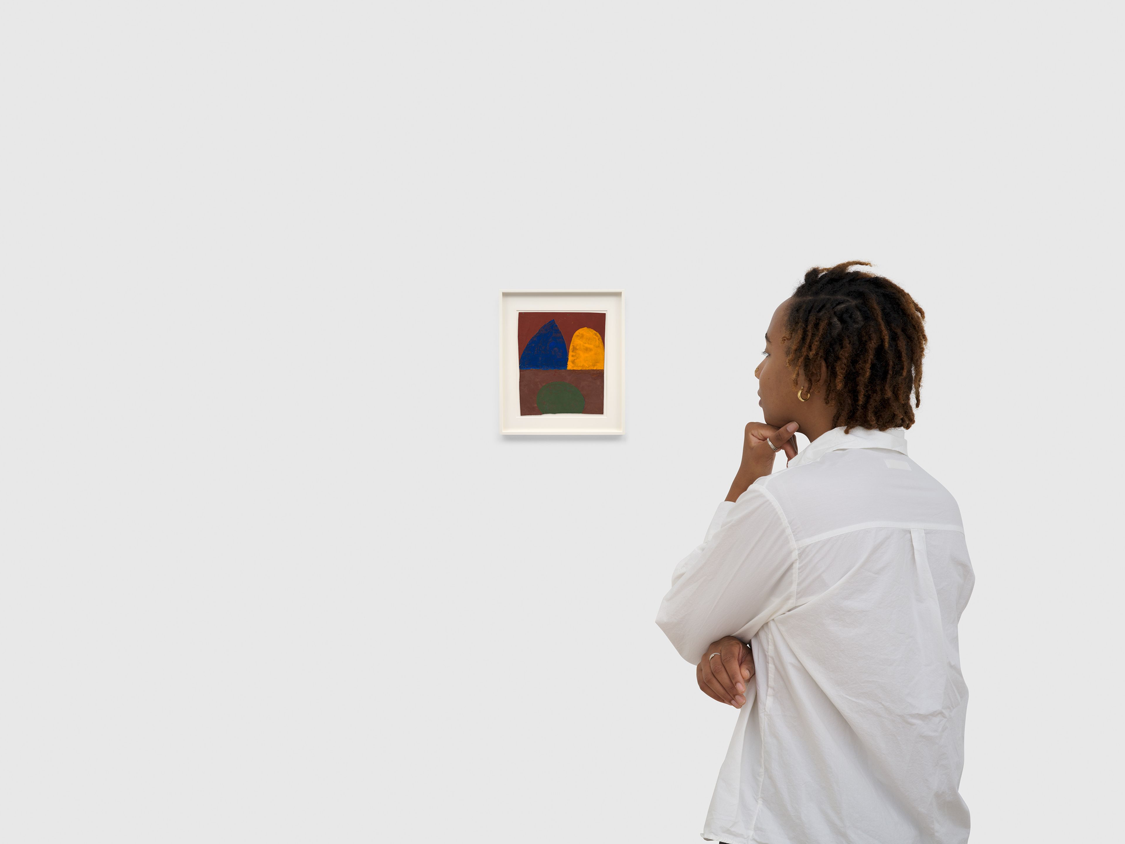 A work on paper by Suzan Frecon, titled purple, red, green, blue, orange, dated 2022.