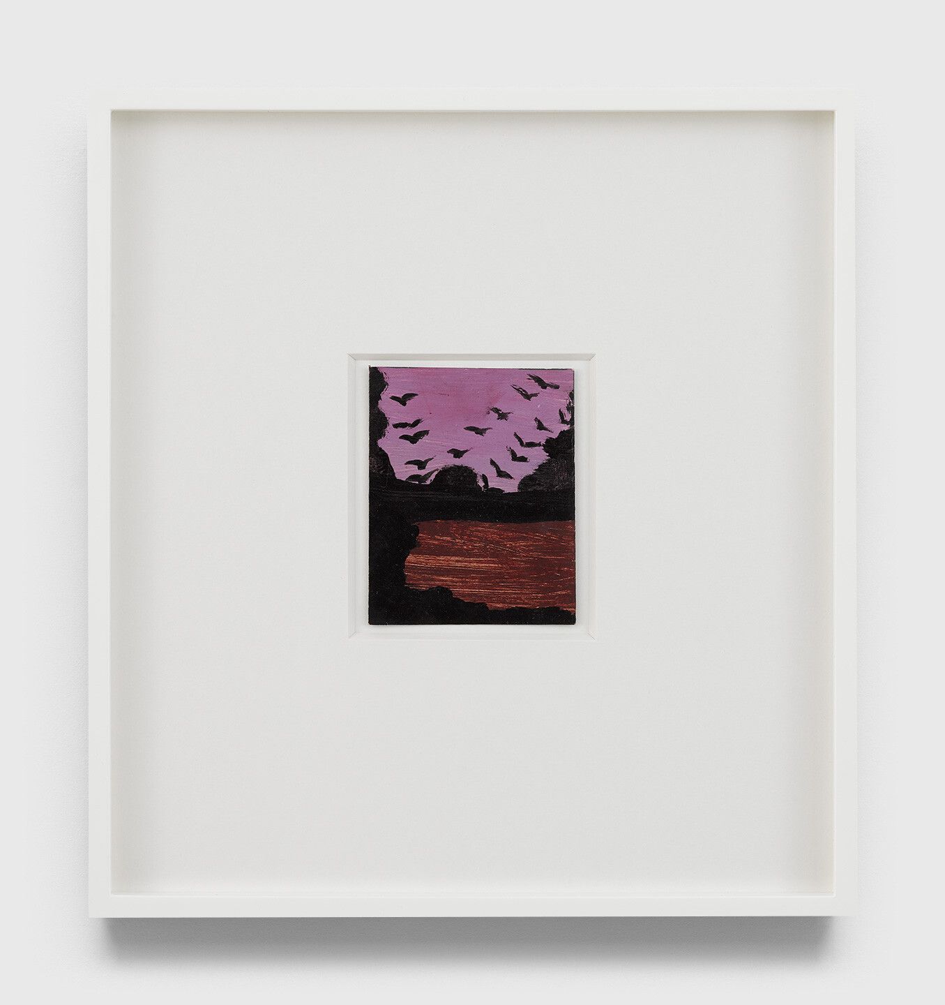 An undated oil painting on Polaroid film cartridge box by Frank Walter, titled Untitled (Lavender sky, black bird formation).