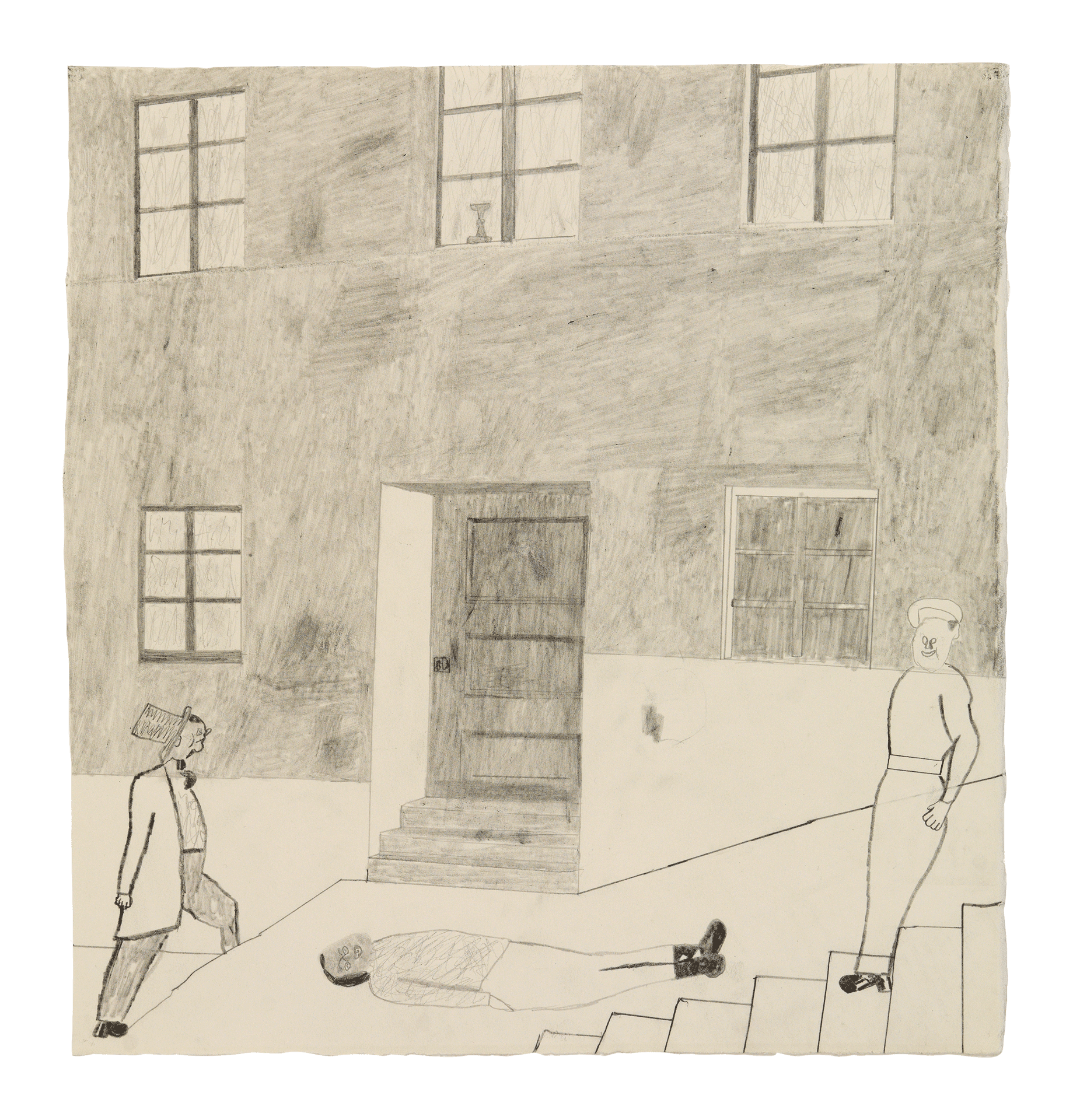 A graphite drawing on paper by Jockum Nordström, titled Över sten och trapp/Over stone and steps, dated 2019.