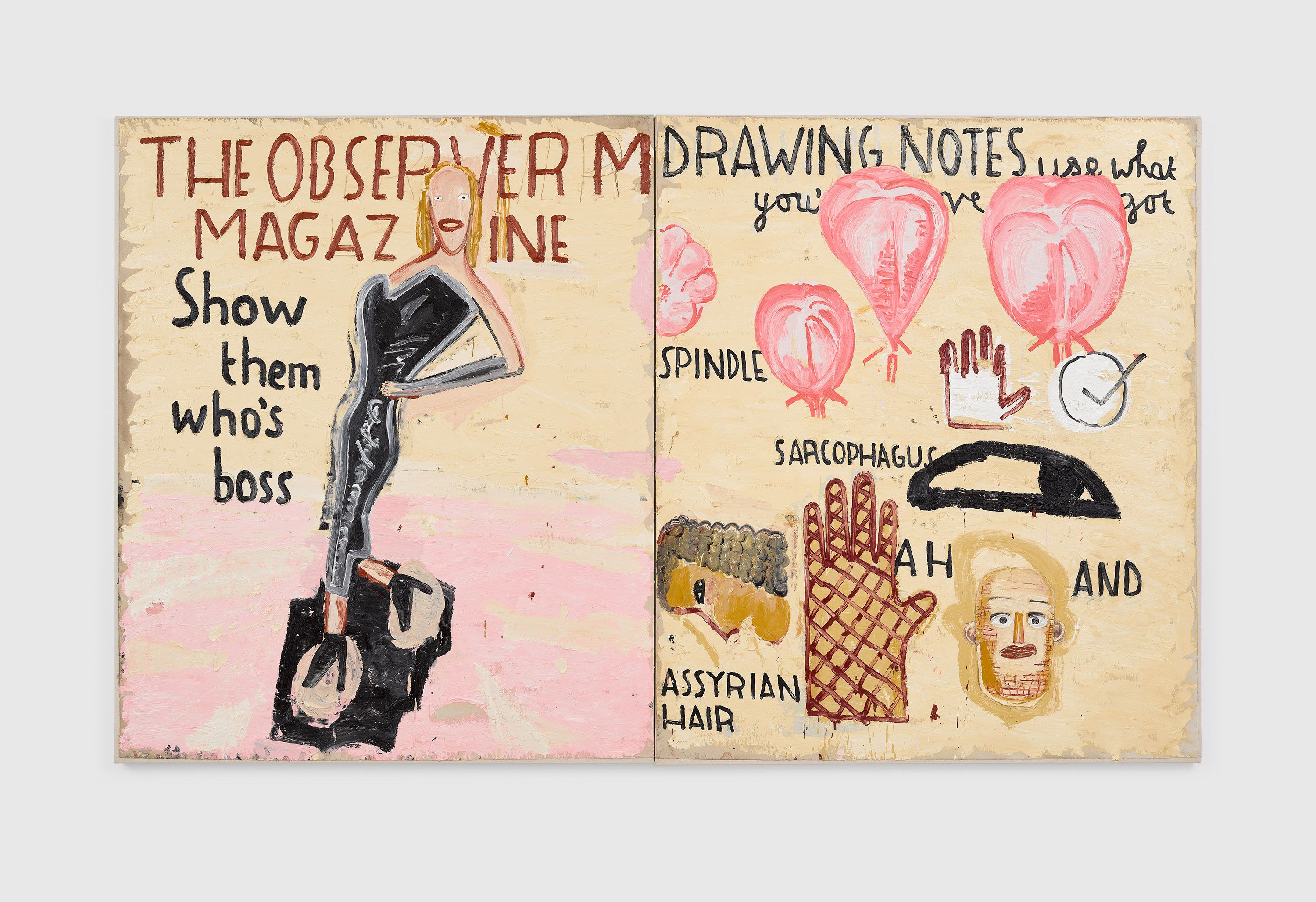 A painting by Rose Wylie, titled Spindle and Cover Girl, dated 2022.