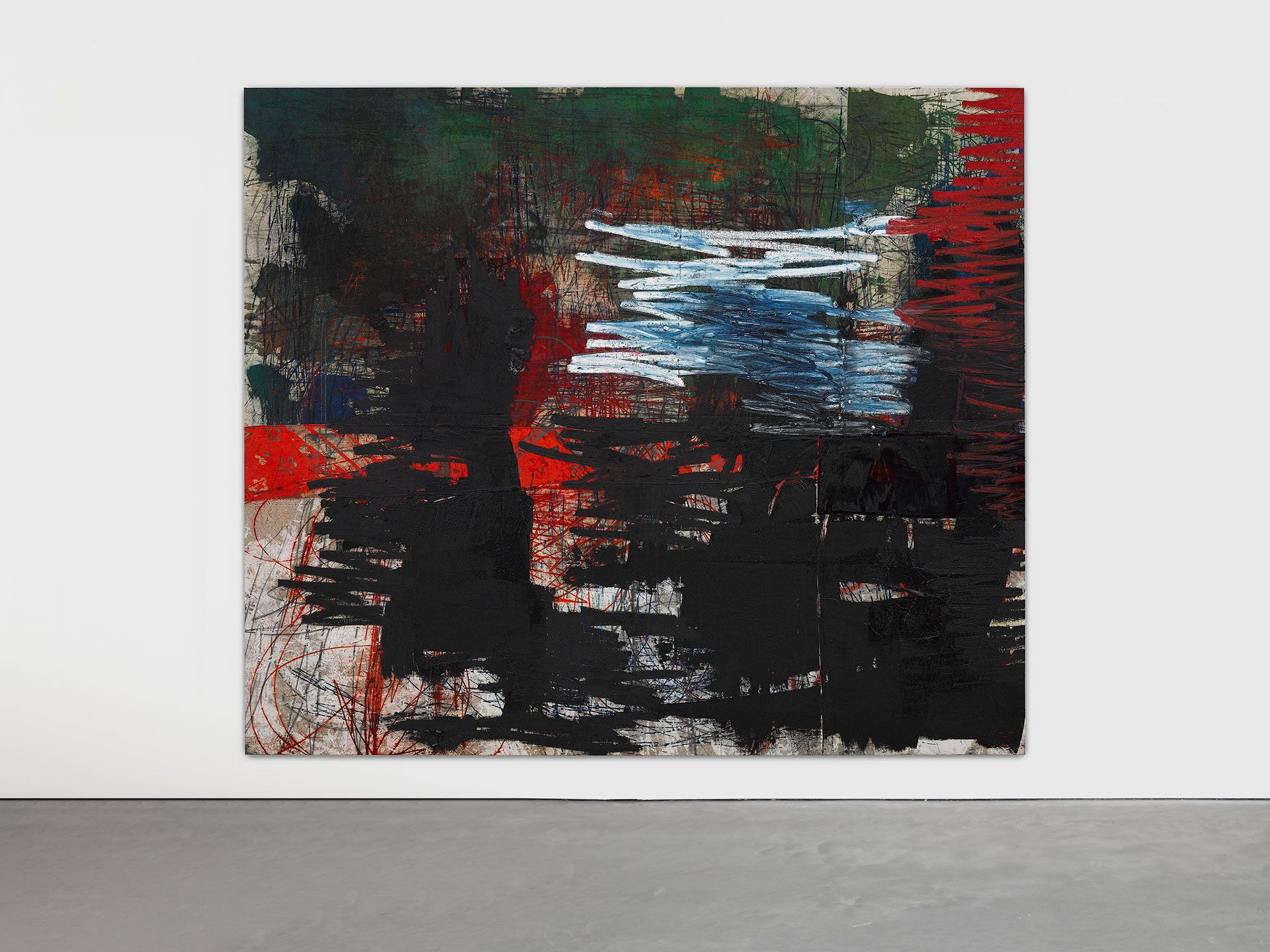An installation of a painting by Oscar Murillo titled manifestation, dated 2019 to 2020.