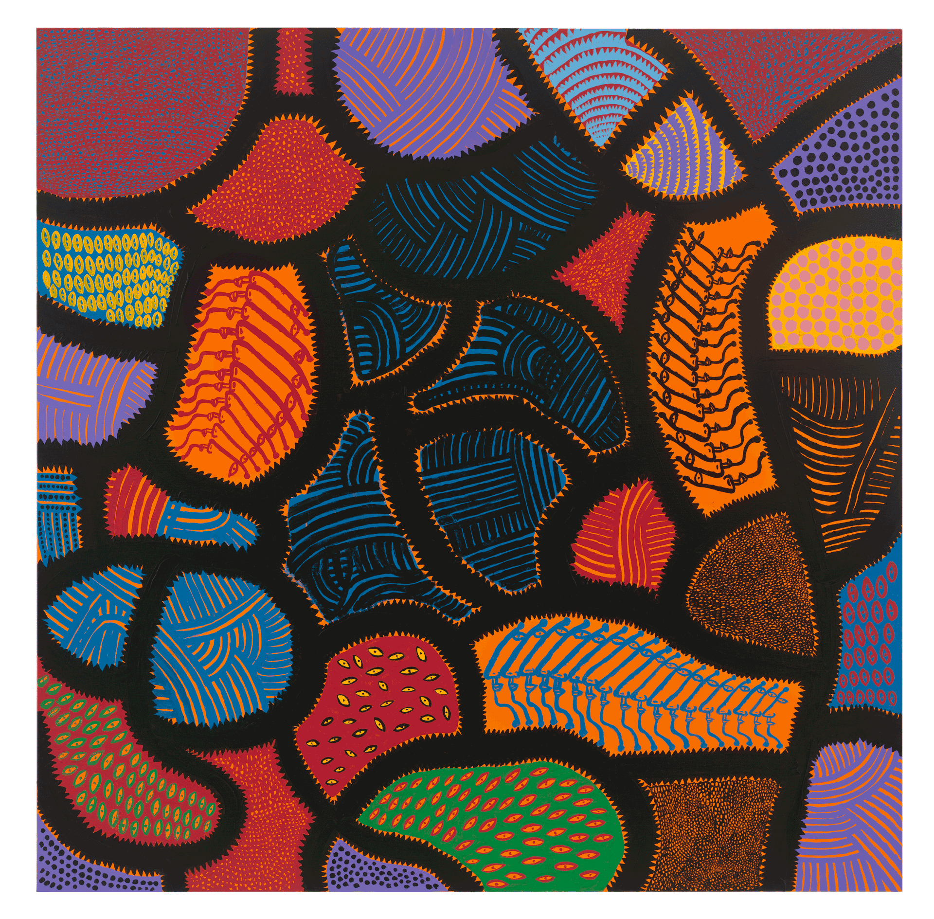 A painting by Yayoi Kusama, titled I AM DYING NOW. THERE THE DEATH IS, dated 2014.