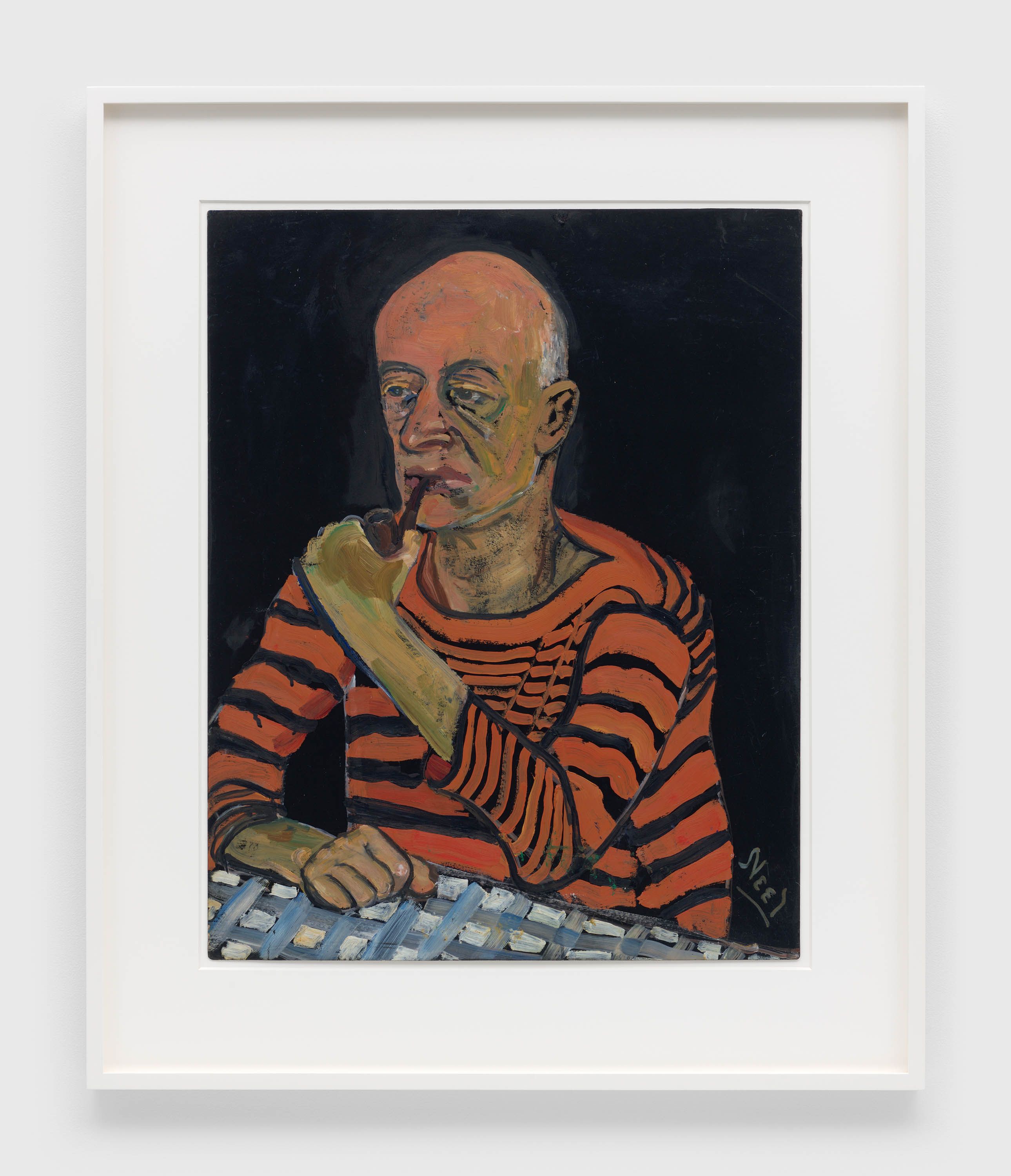 A painting by Alice Neel, titled John in Striped Shirt, dated 1958.