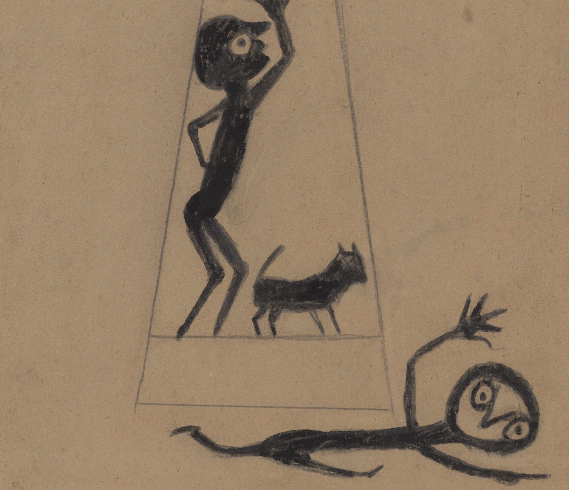 A detail from a work by Bill Traylor, titled Construction, Fleeing Figure, Two Men, Bird and Dog, dated 1939-1942.