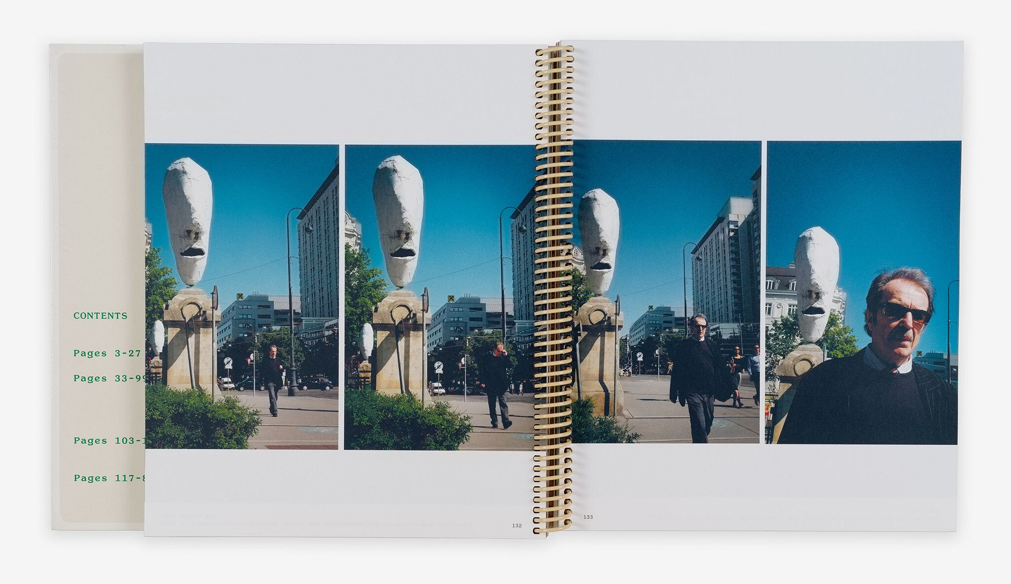 A photo of Franz West with his Lemurenköpfe (Lemure Heads), 1992/2000, at the Stubenbrucke in Vienna.