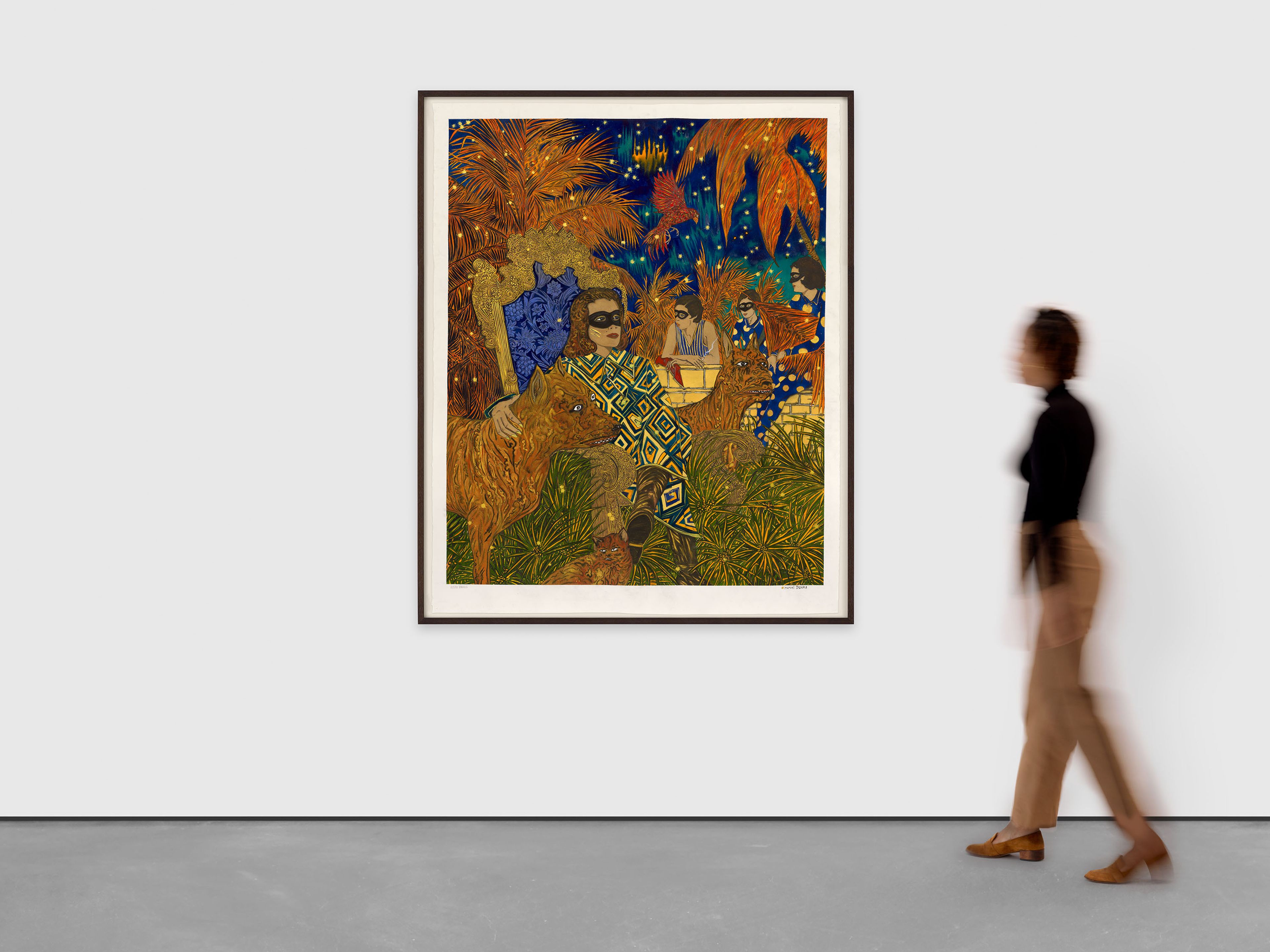 A work on paper by Marcel Dzama, titled Aurora borealis (or We must make her Queen to tame the wild dogs), dated 2024.