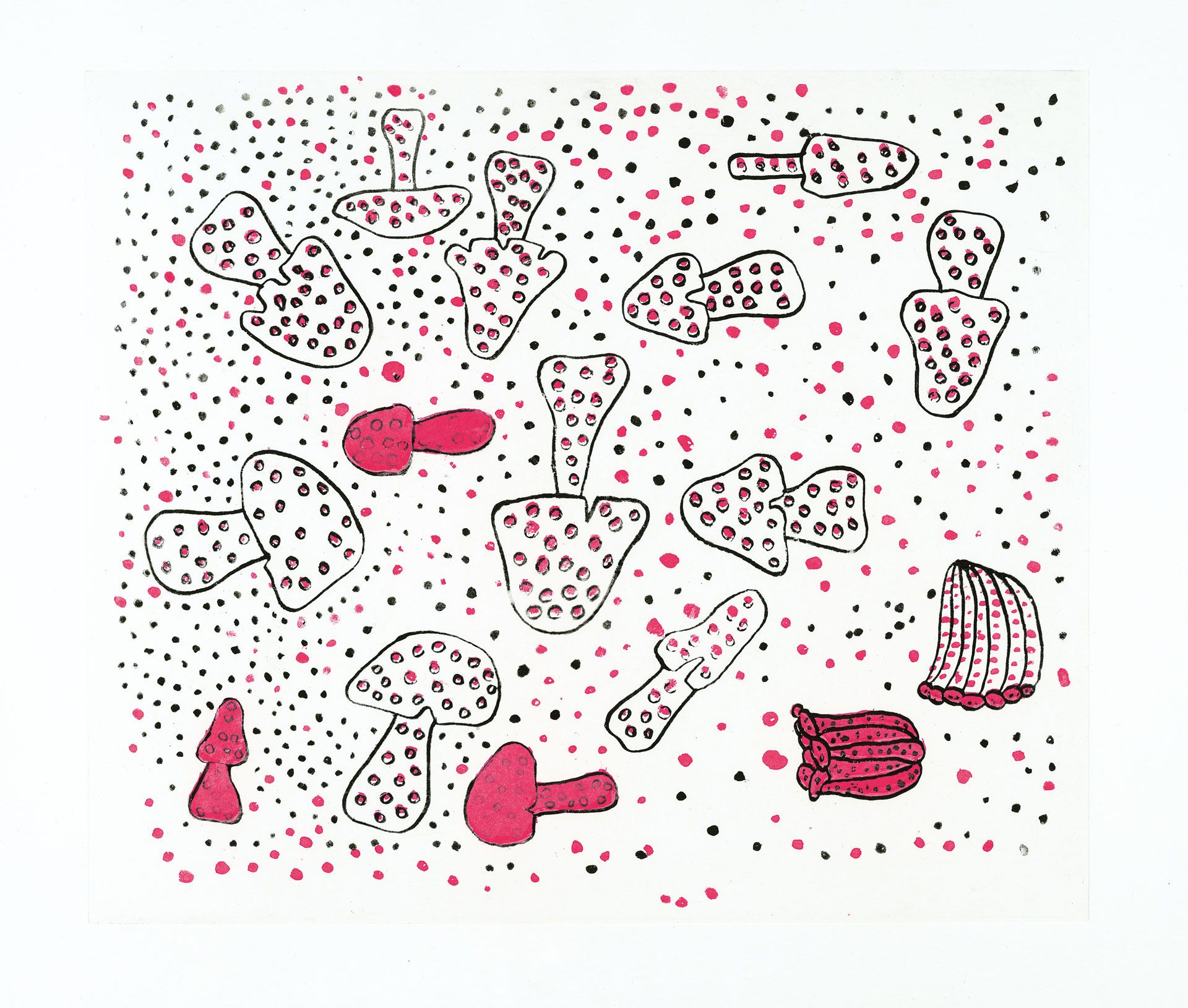 An etching on Moulin de Larroque paper by Yayoi Kusama, titled