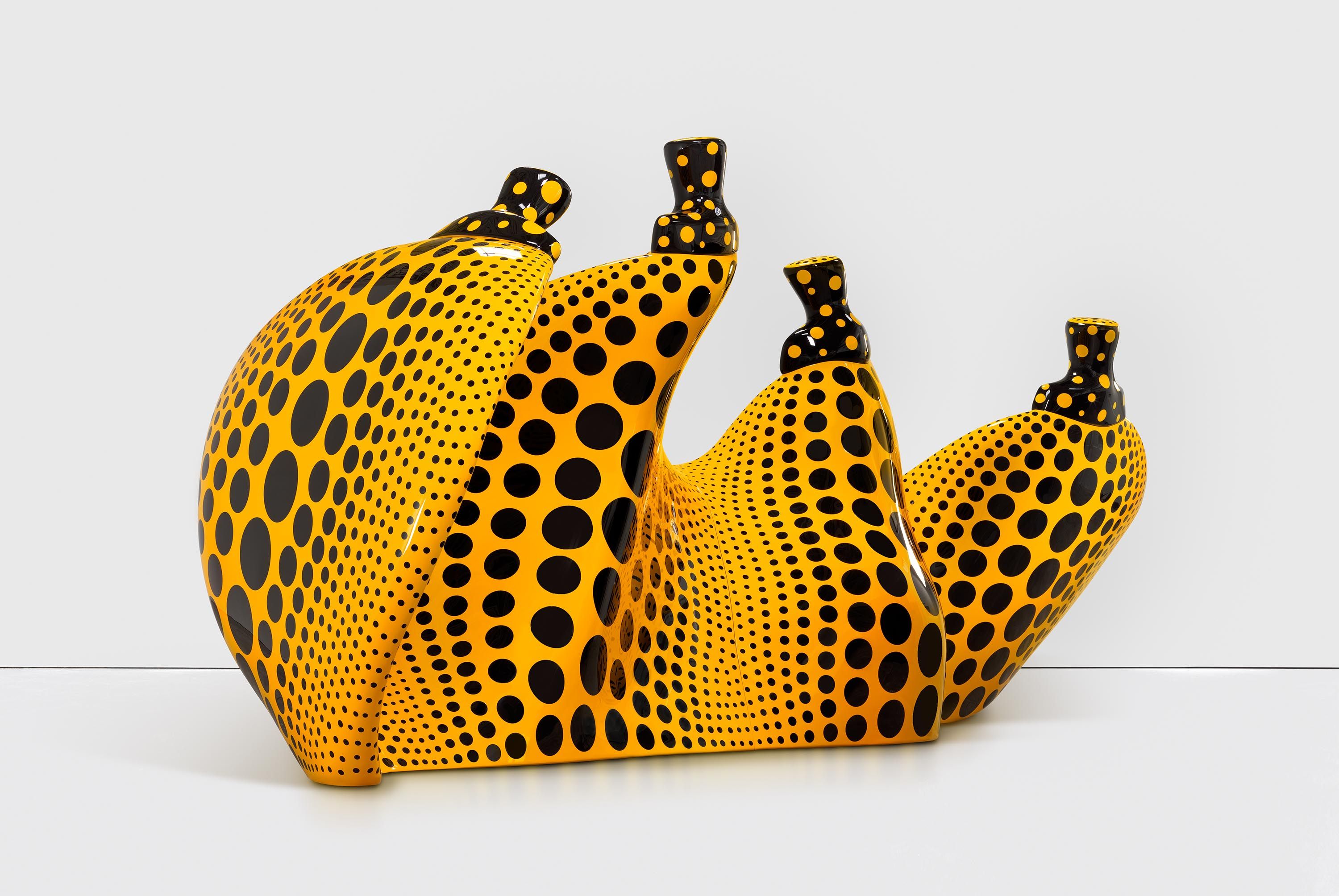 A bronze and urethane paint sculpture by Yayoi Kusama, titled Aspiring to Pumpkin’s Love, the Love in My Heart, dated 2023.