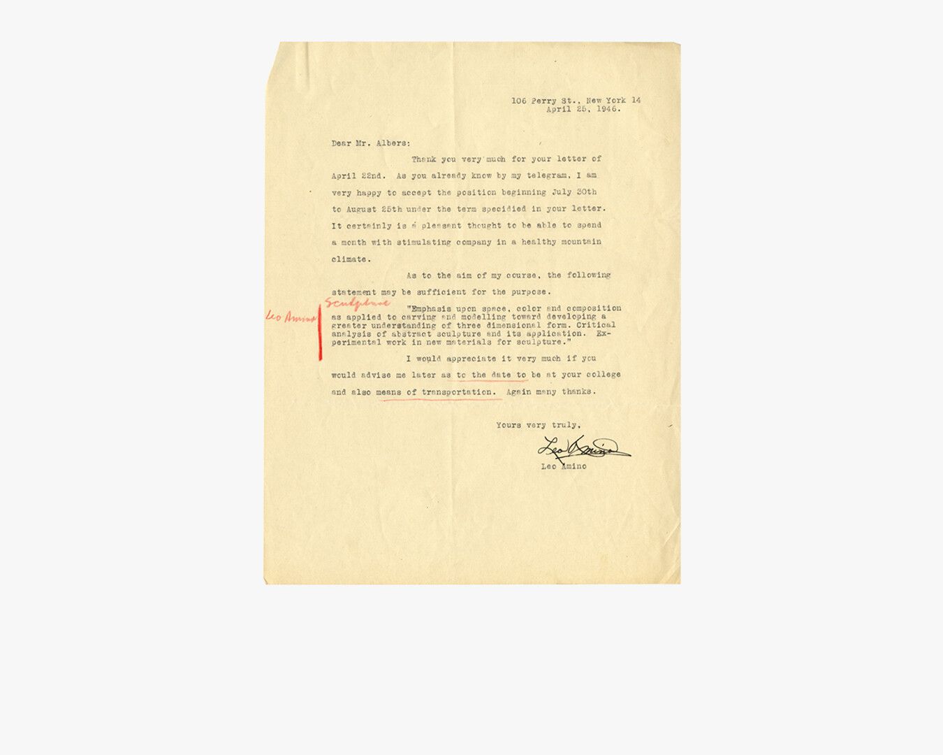 An acceptance letter from Leo Amino to Josef Albers, accepting a faculty invitation to join Black Mountain College n April 1946.