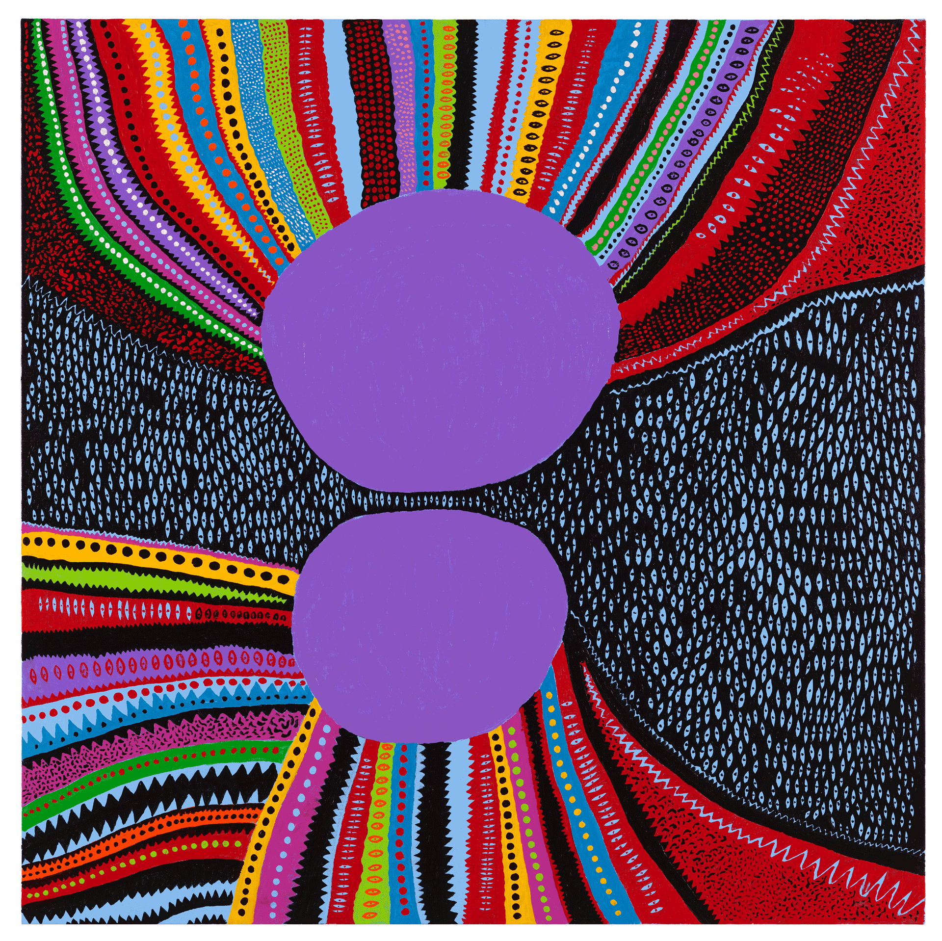 A painting by Yayoi Kusama, titled TOMB OF DOWNFALL, AND MY SPIRITUAL POVERTY DOMINATES MY ENTIRE BODY, dated 2017.