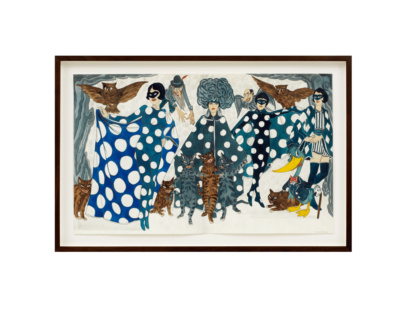 A work on paper by Marcel Dzama, titled Here we are, dated 2018.