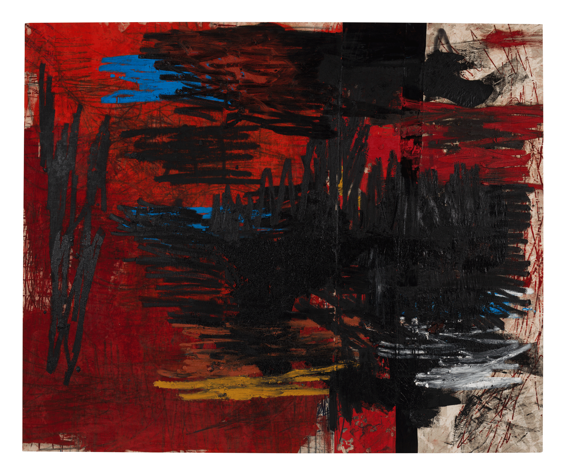 A painting by Oscar Murillo, titled manifestation, dated 2018-2019