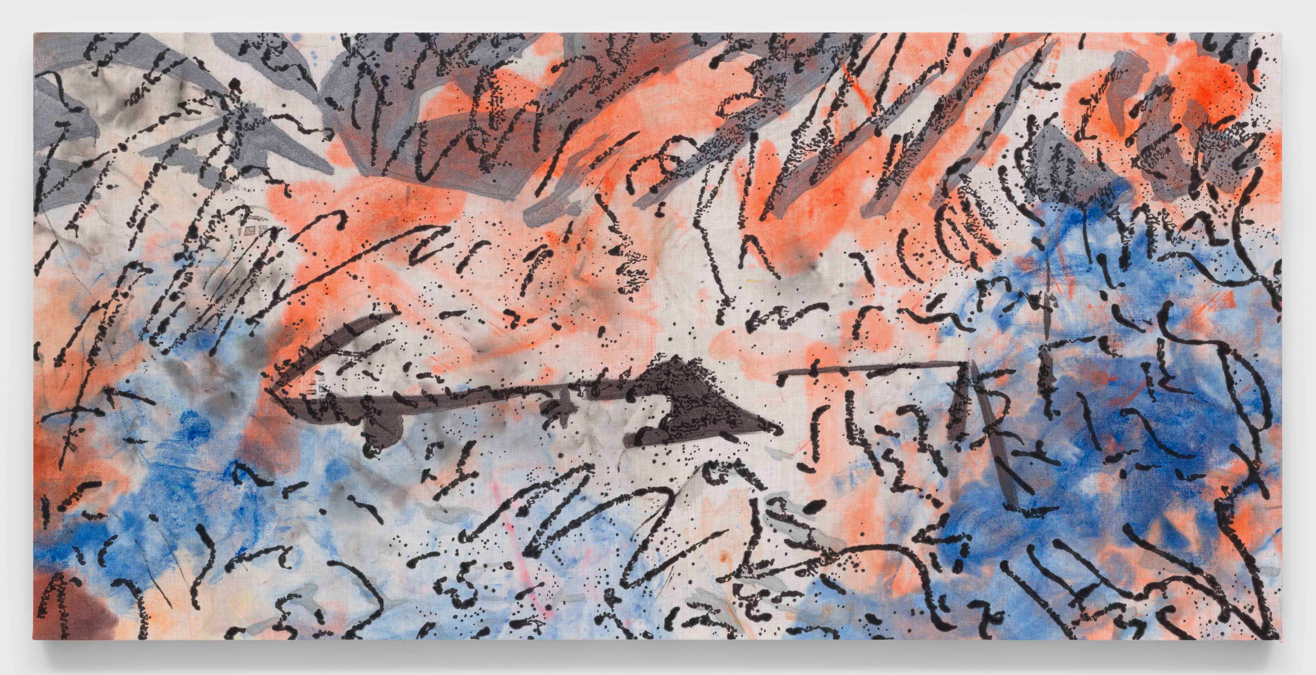A painting by Nate Lowman, titled Dropcloth Scribble Drone, dated 2021.