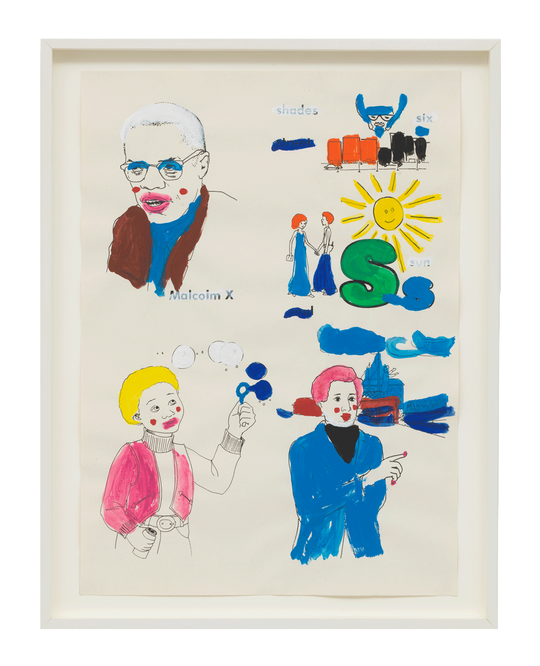 A work on paper by Glenn Ligon, titled Malcolm X, Sun, Frederick Douglass, Boy with Bubbles (Version 2) #8, dated 2001.