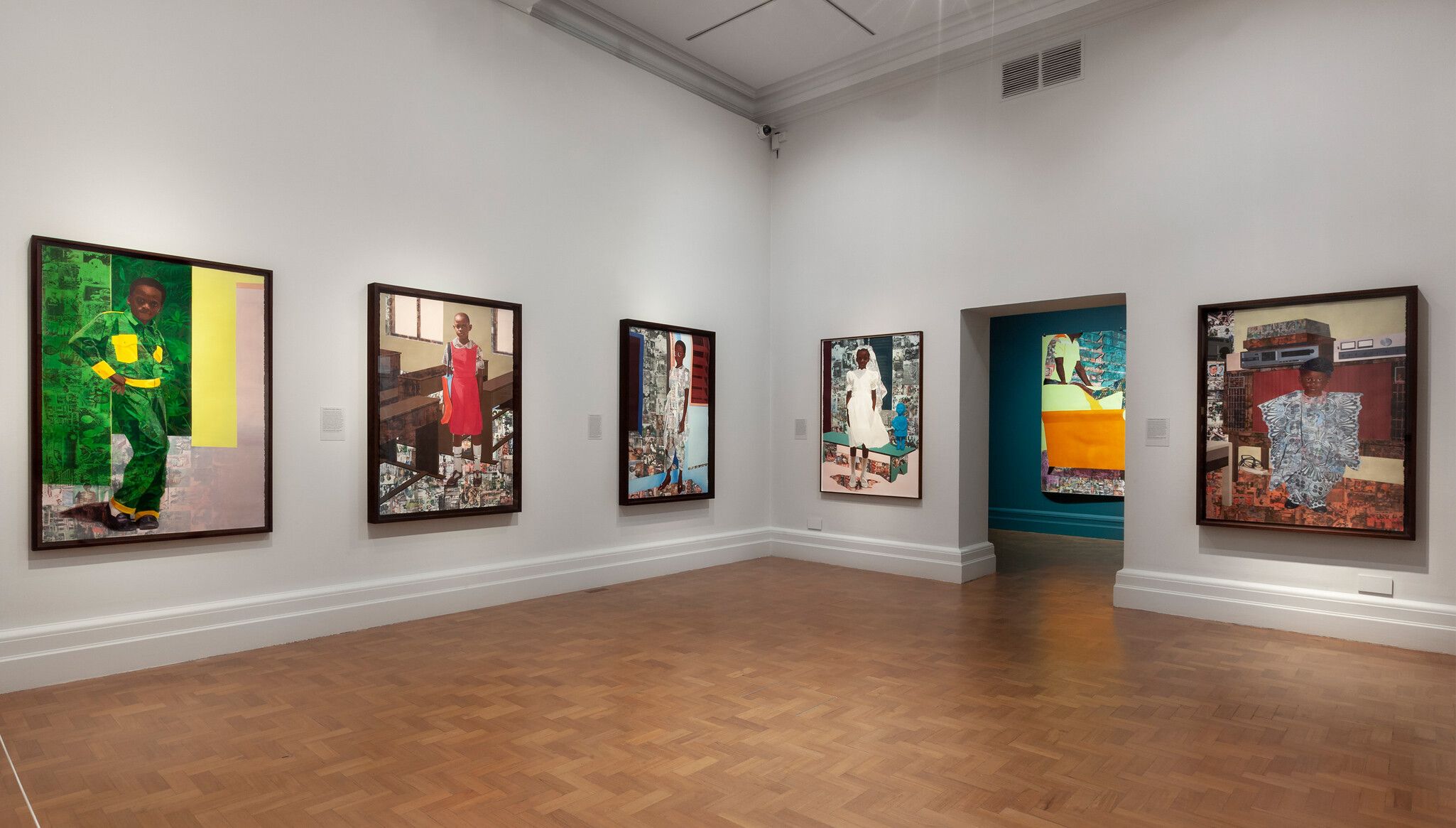 An installation view, Njideka Akunyili Crosby: "The Beautyful Ones", National Portrait Gallery, London, dated 2018–2019