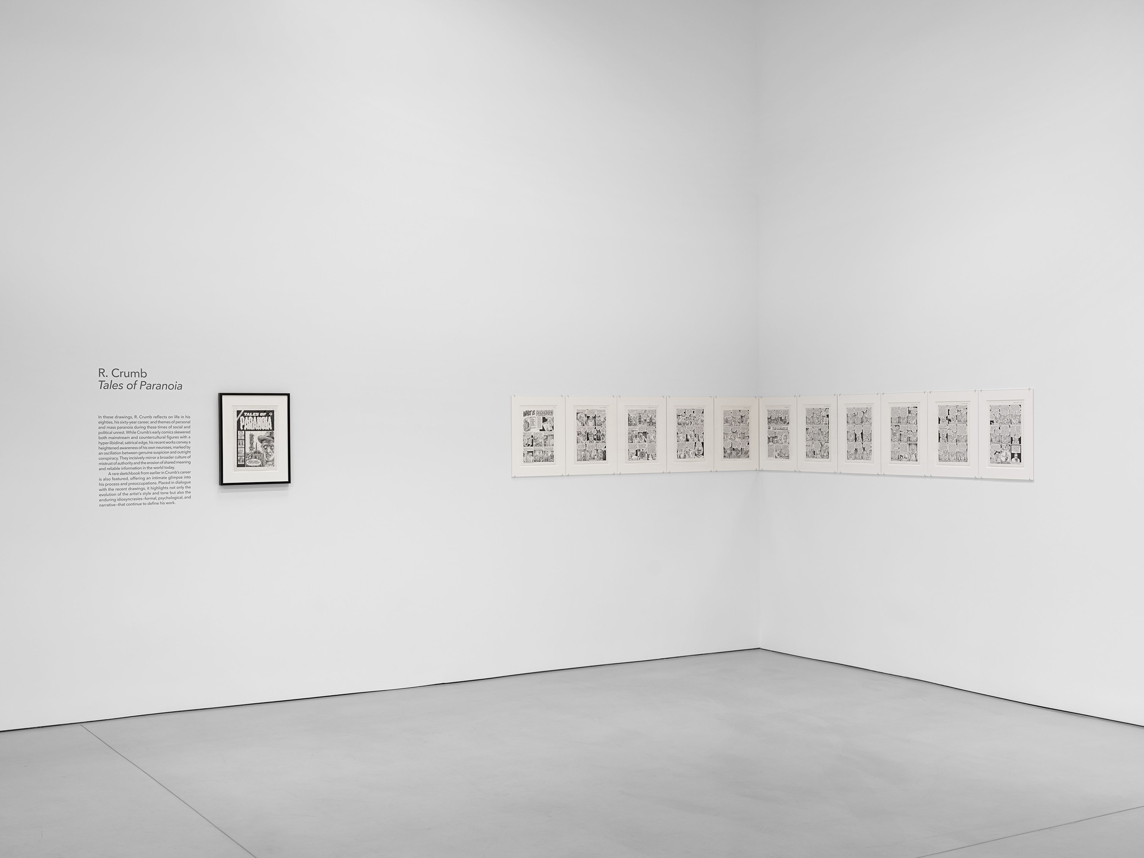 An installation view of the exhibition, R. Crumb: Tales of Paranoia, at David Zwirner in Los Angeles, dated 2025.