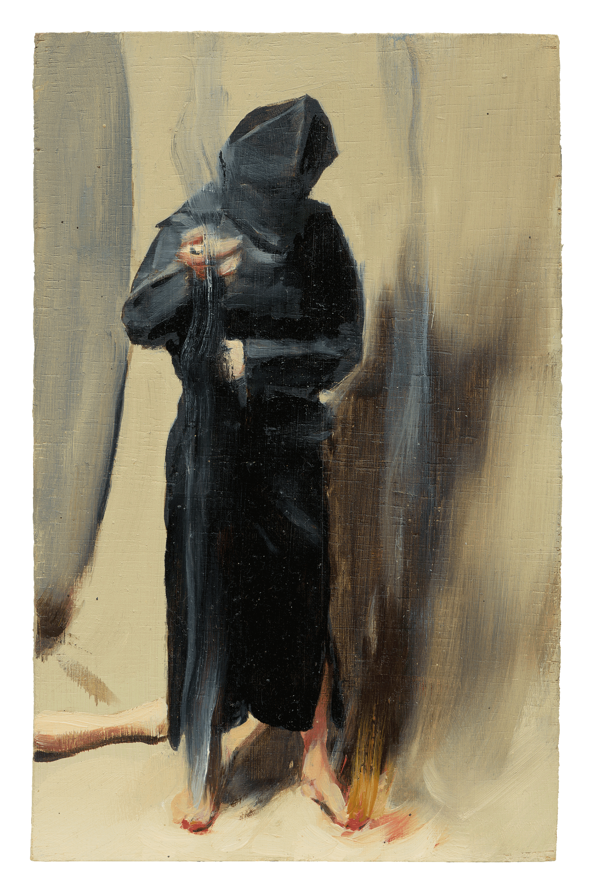 A painting by Michael Borremans, titled Black Mould / Toes on Fire, dated 2015.