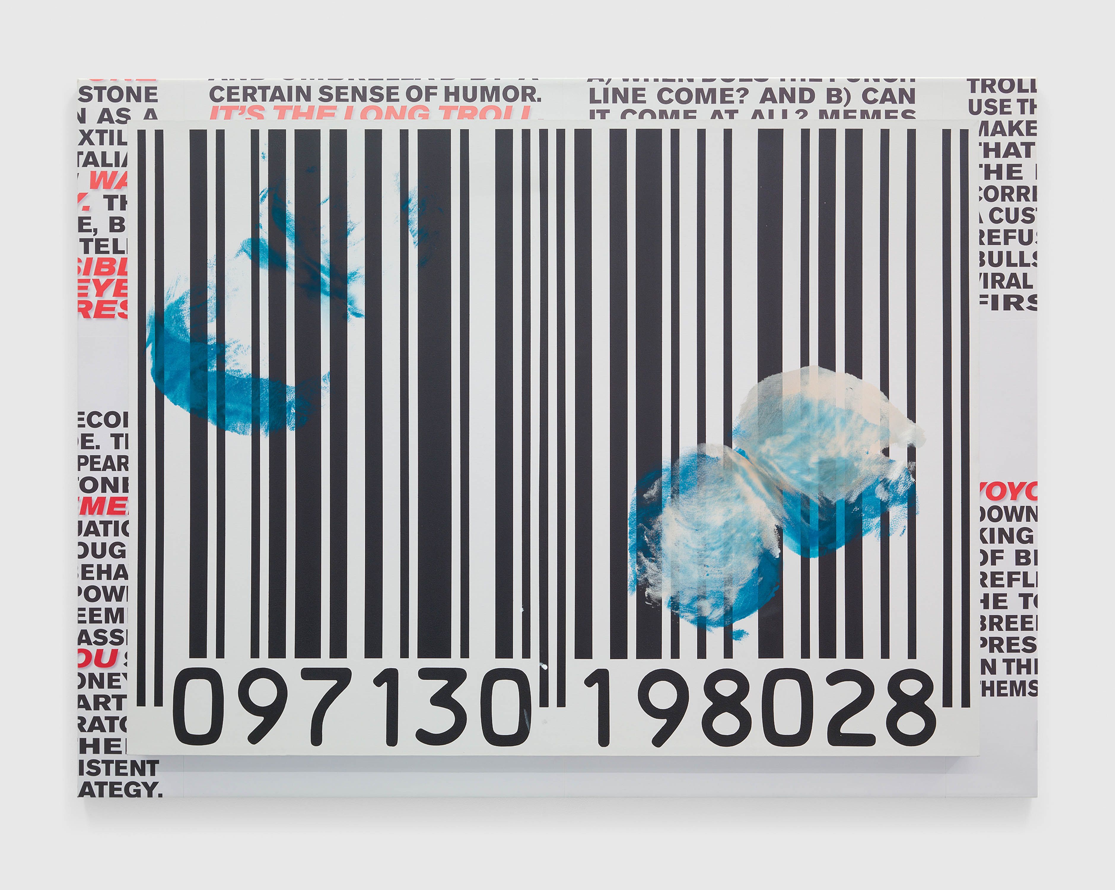 An archival inkjet print on canvas with gouache butt prints by Marie Karlberg, titled The Artist Is In Attendance (After Philippe Thomas), dated 2020.