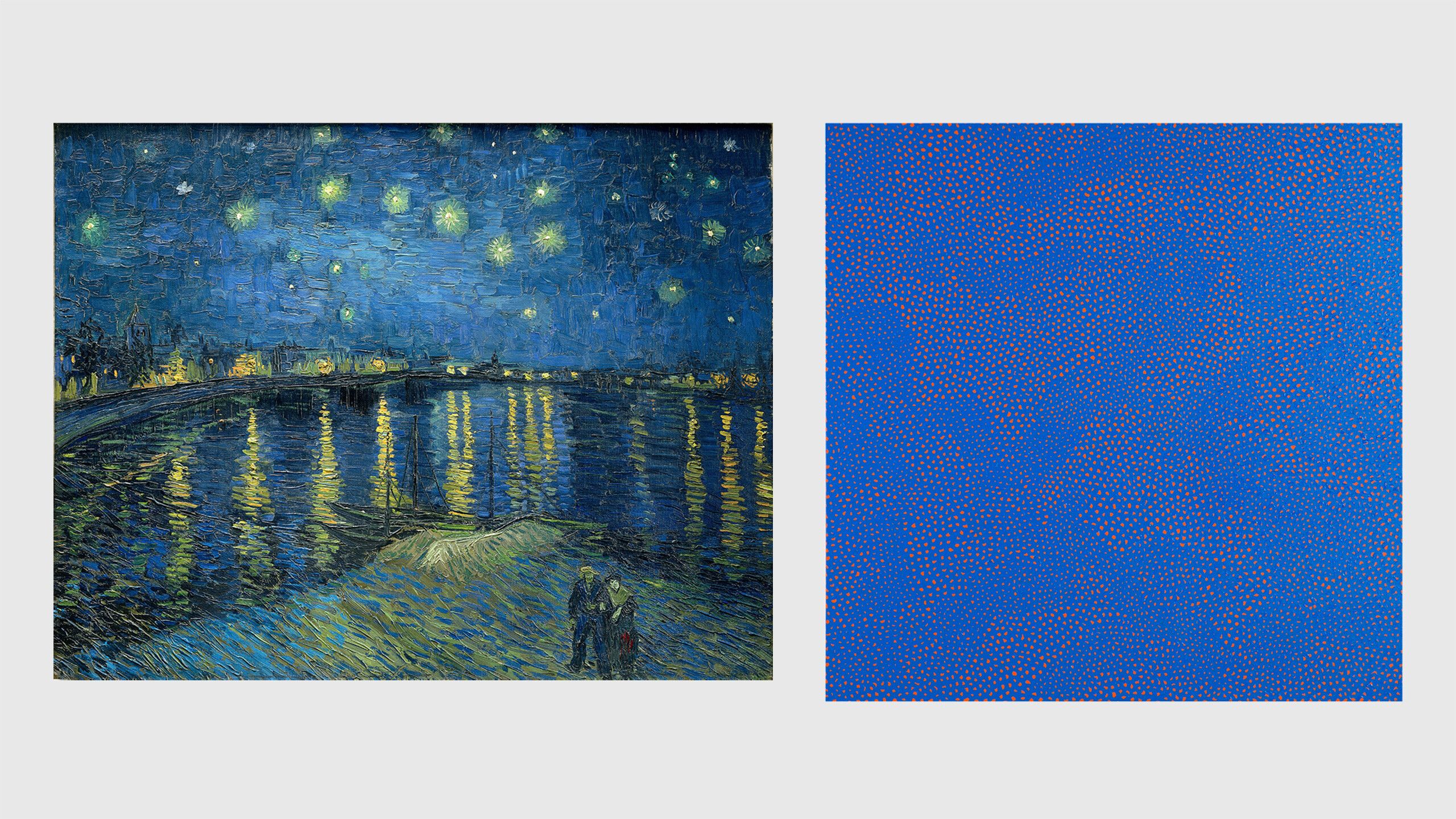 This image features two paintings placed side by side, on the left is the work by Vincent van Gogh titled Starry Night Over the Rhône, dated 1888, on the right is Infinity-Nets (LZOPT) by Yayoi Kusama, dated 2009