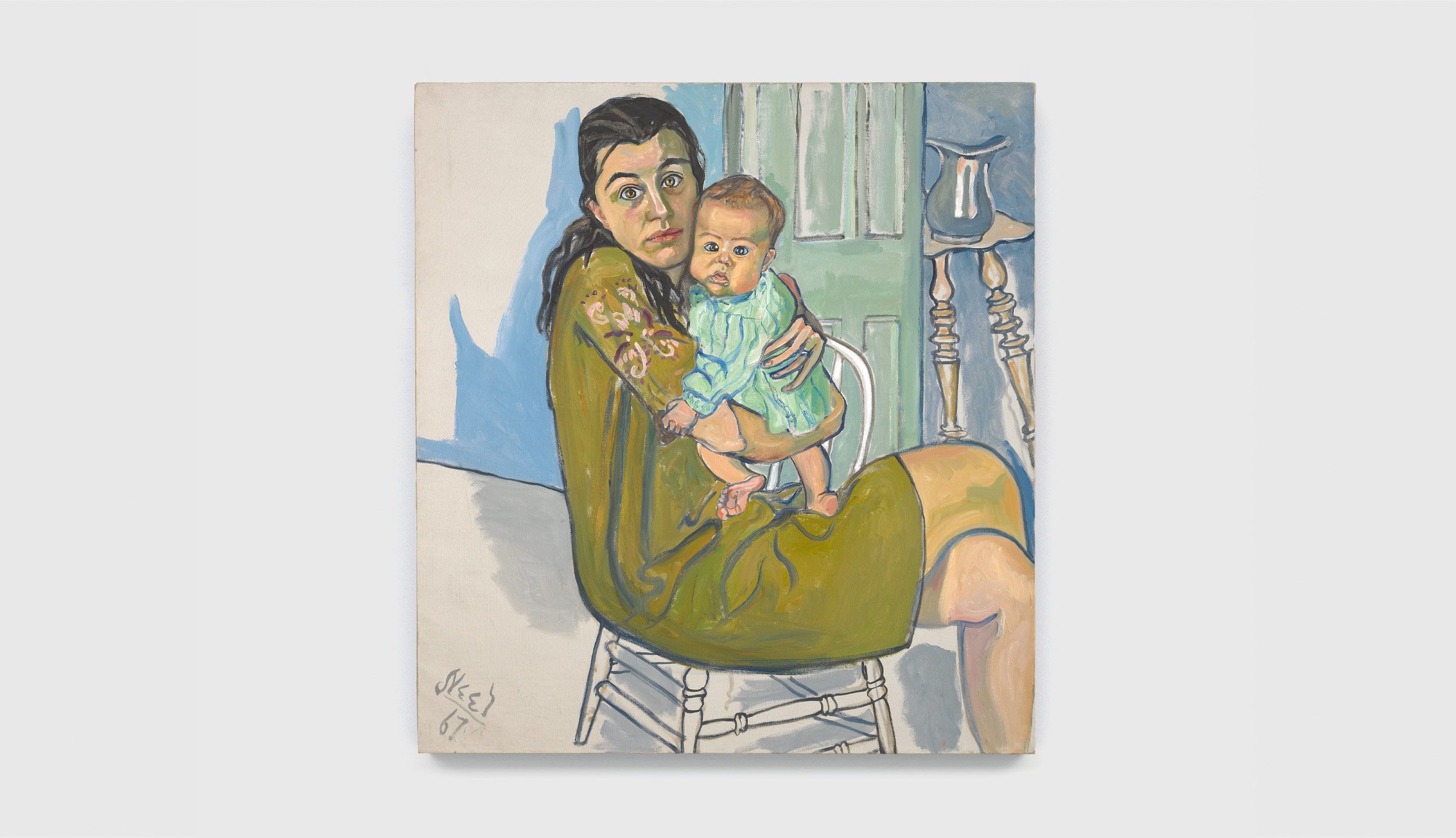 A lithograph by Alice Neel, titled Mother and child (Nancy and Olivia), dated 1982.