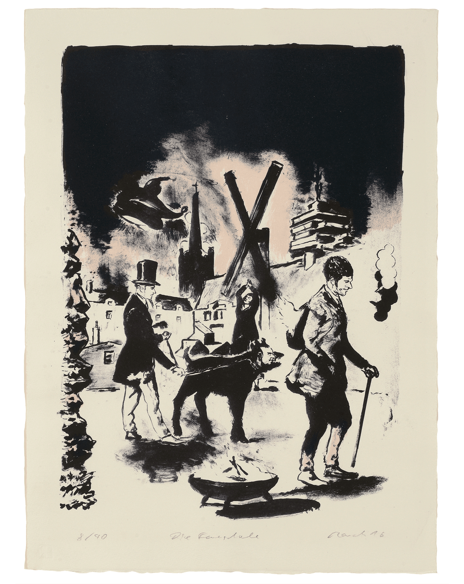 A lithograph by Neo Rauch, titled Die Feuerschale, dated 2016.
