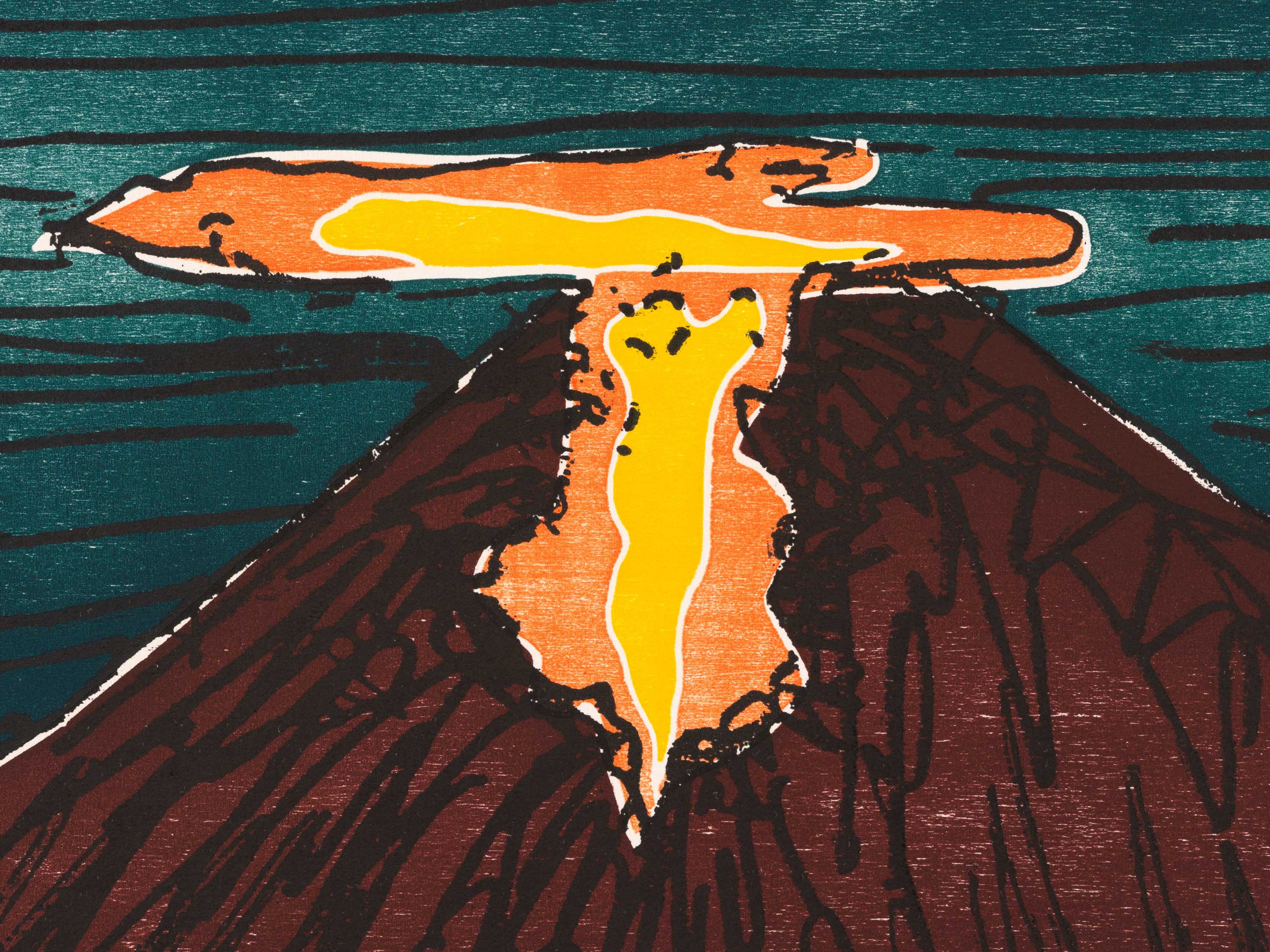 A detail from a woodcut by Nate Lowman, titled ﻿Stratovolcano, dated 2023.