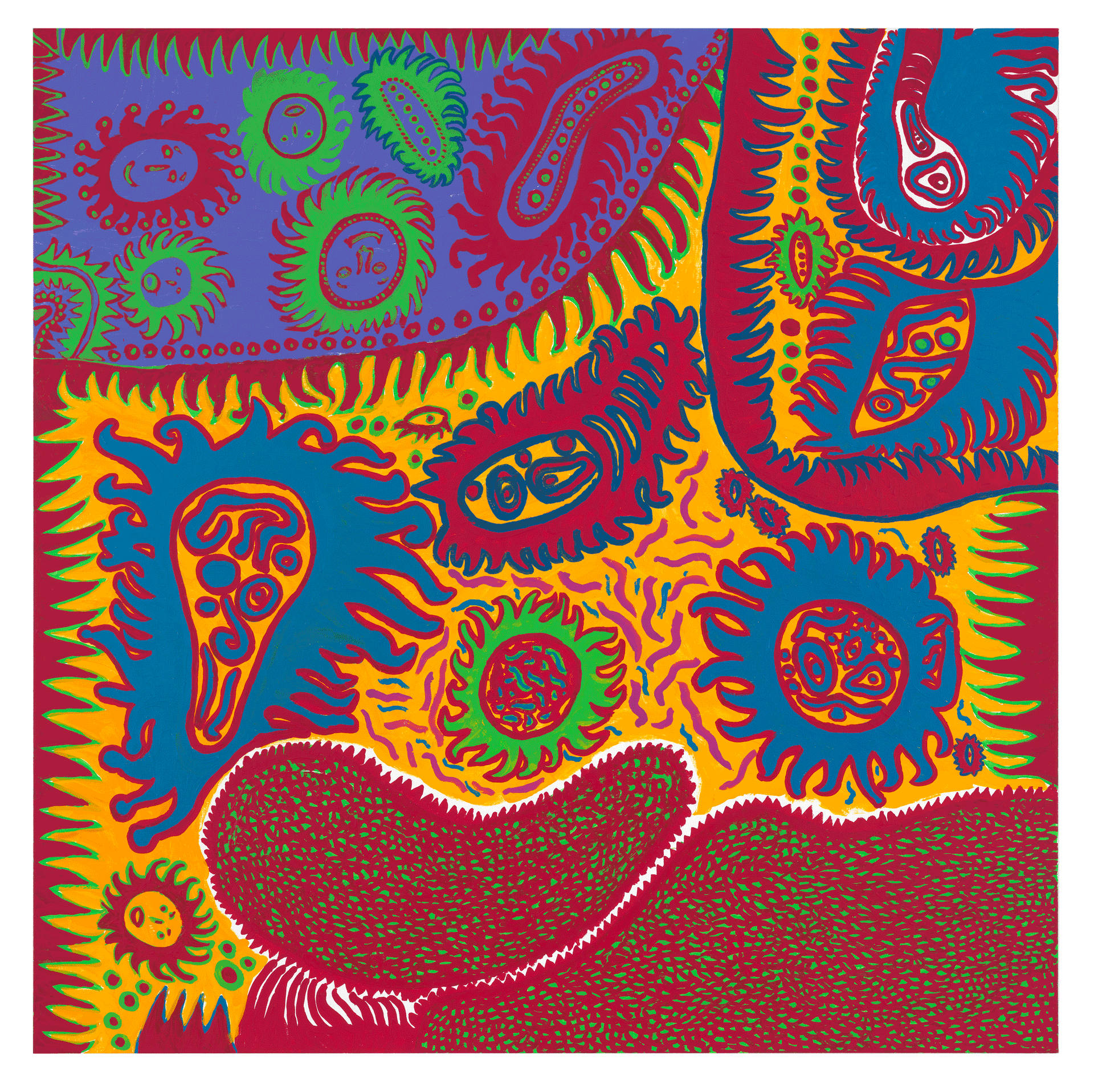 A painting by Yayoi Kusama, titled MY VISIONARY LIFE‚Äã, dated 2013. 