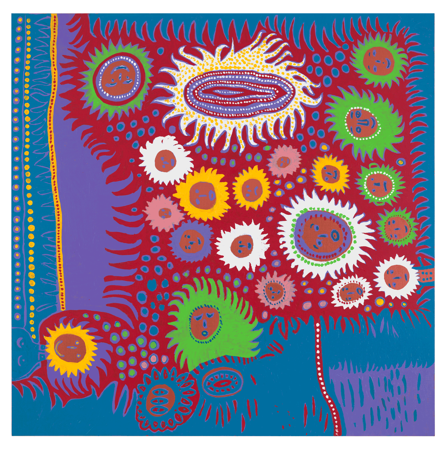 A painting by Yayoi Kusama, titled GREEN SOLITUDE¬†, dated 2013. 