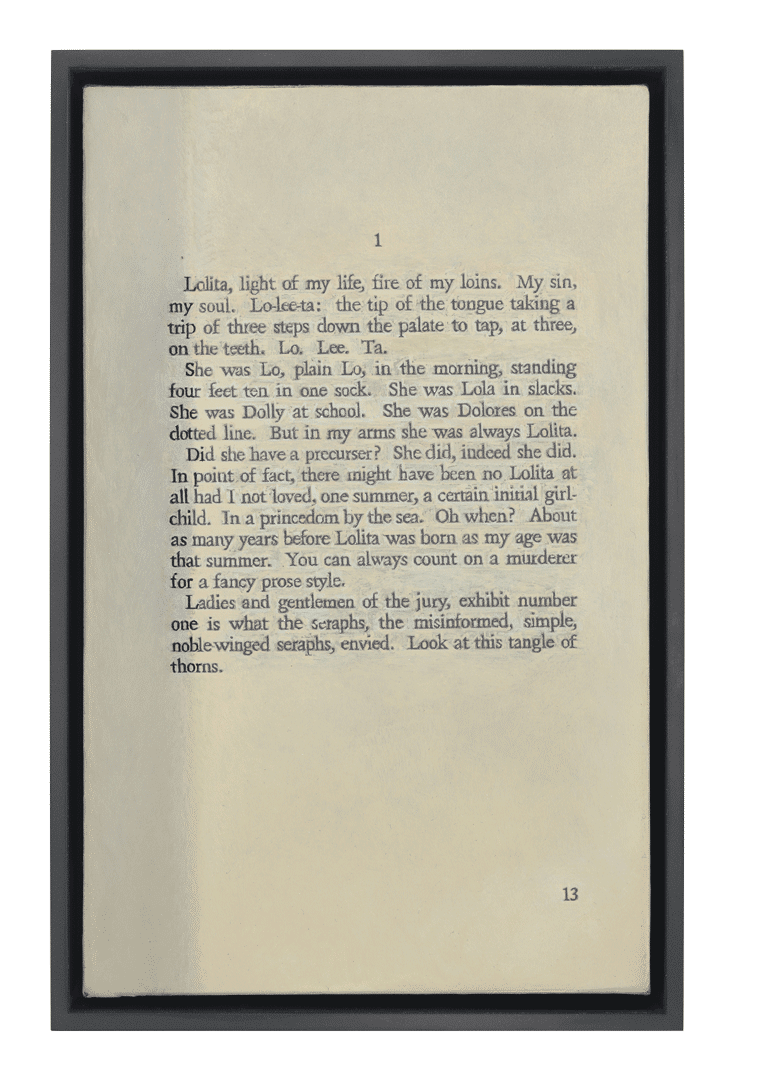 A painting by Liu Ye, titled Book Painting No. 15 (Lolita, The Olympia Press, 1955, Page 13), dated 2017.