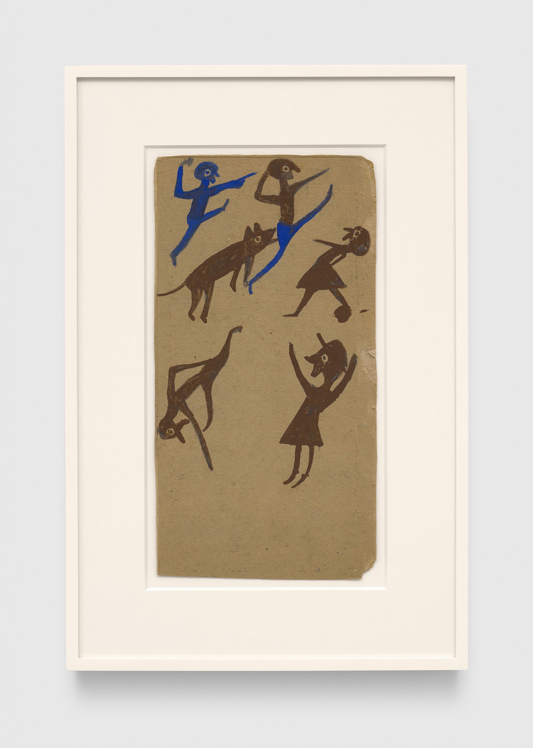 A drawing by Bill Traylor, titled People, Dog Biting Man, 1939 to 1942.