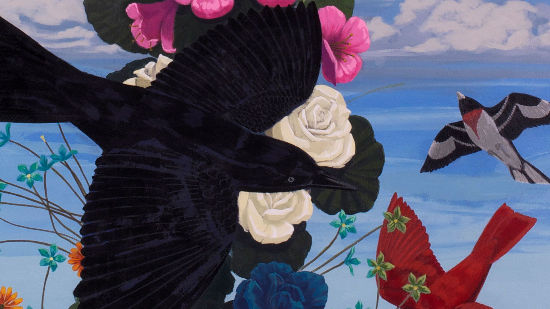 A detail of a painting by Kerry James Marshall titled Black and part Black Birds in America: (Grackle, Cardinal & Rose-breasted Grosbeak), dated 2020.