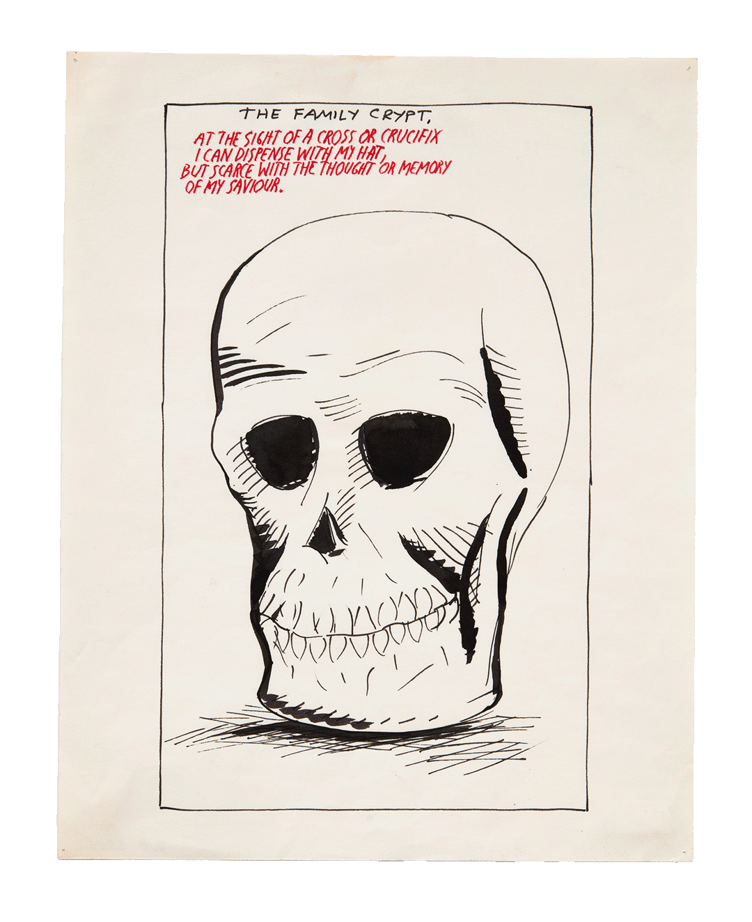 A drawing by Raymond Pettibon titled No Title (The family crypt...), dated 1986.
