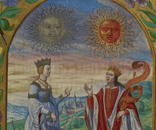 A detail of Splendor Solis (an alchemical treatise), folio 10, King and Queen, dated 1582.