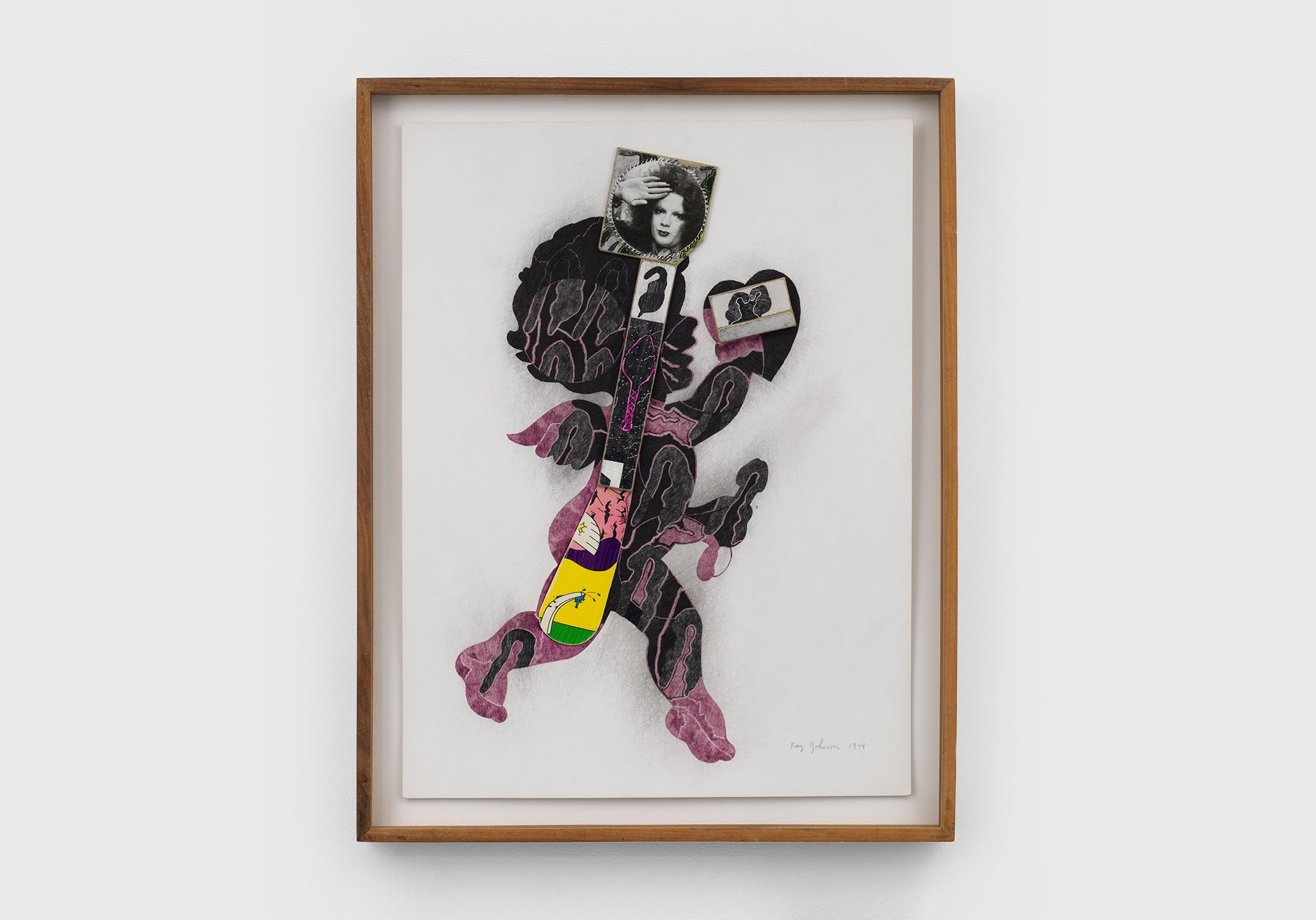 A collage on illustration board by Ray Johnson, titled Untitled (Cupid with Jackie Curtis Saluting) , dated 1974.