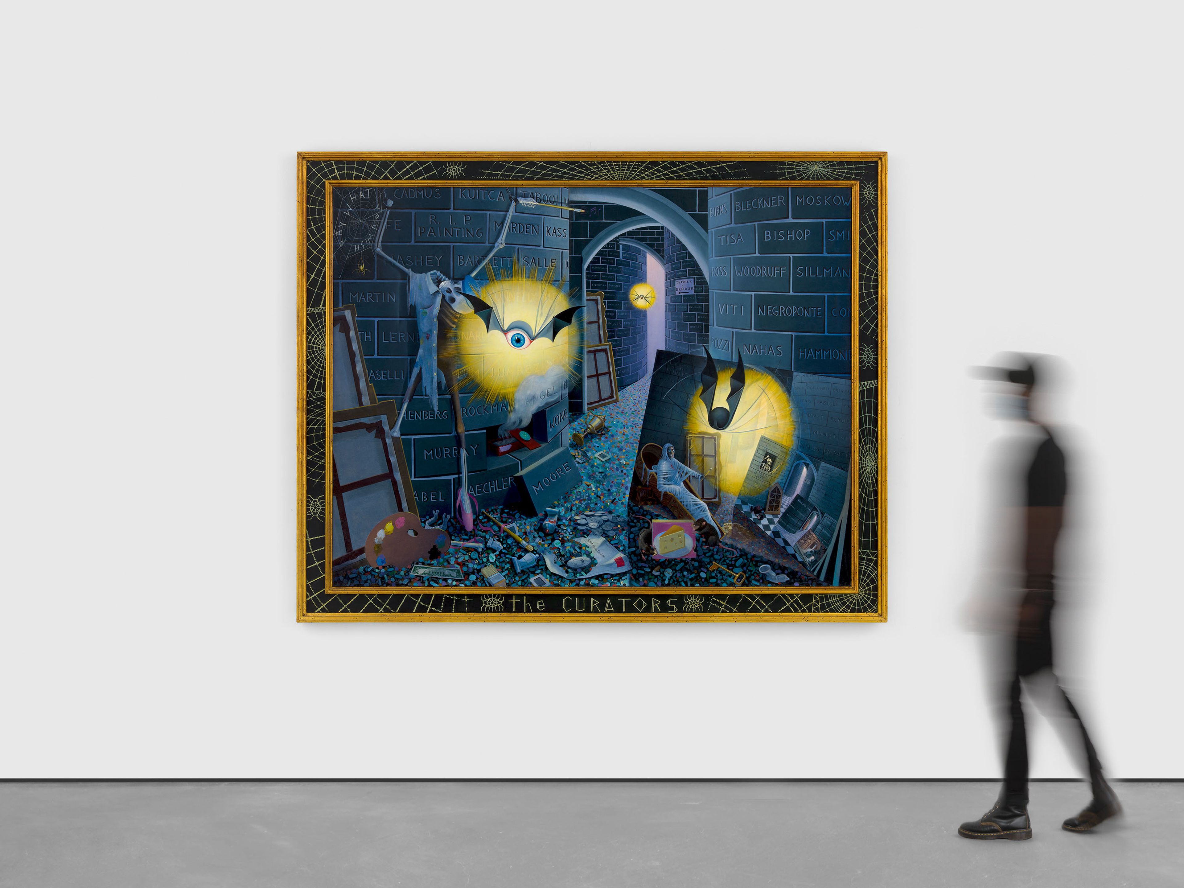 A painting by Frank Moore, titled The Curators, dated 1996.
