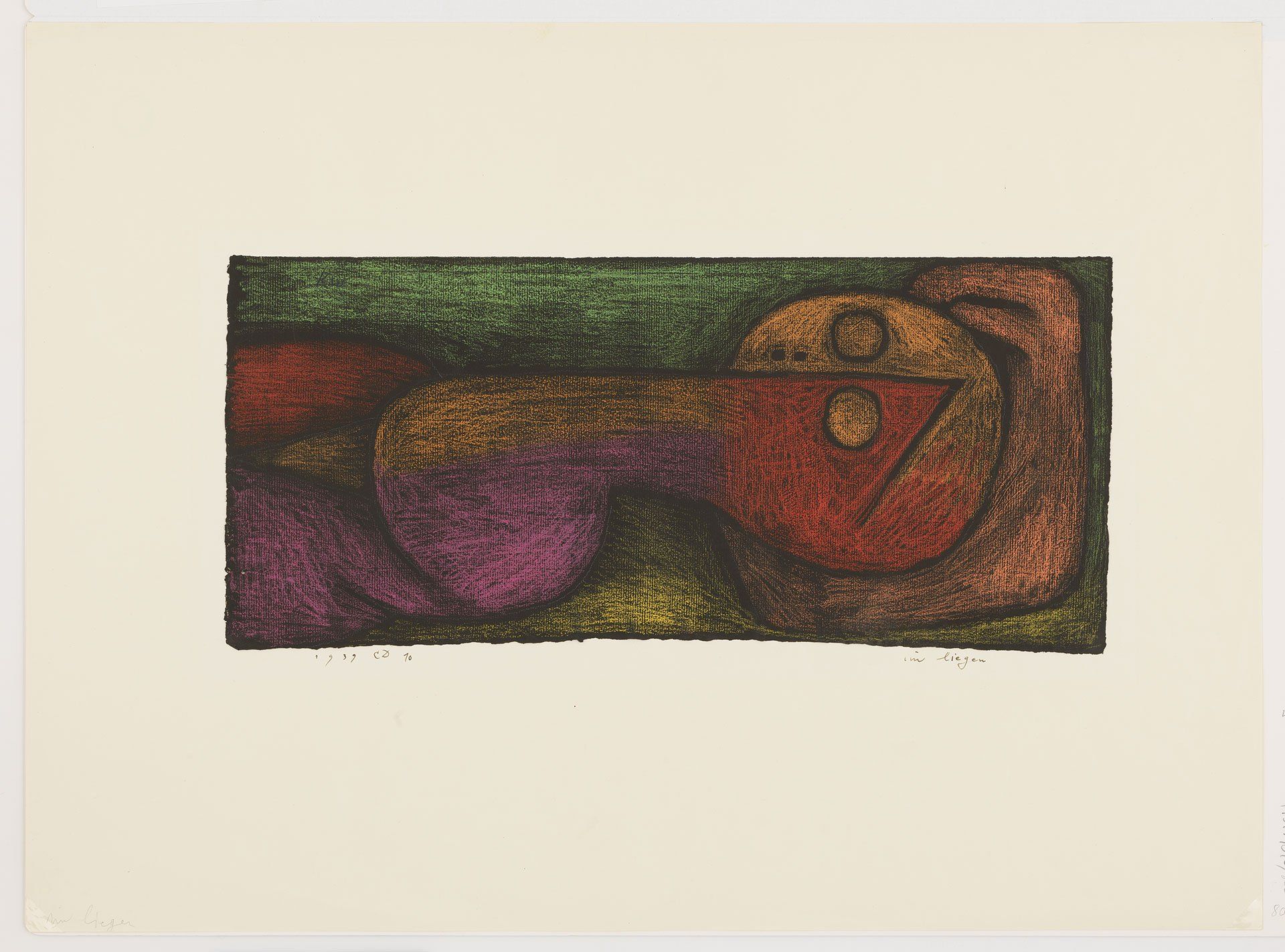 A painting by Paul Klee titled im liegen (Lying down) dated 1939