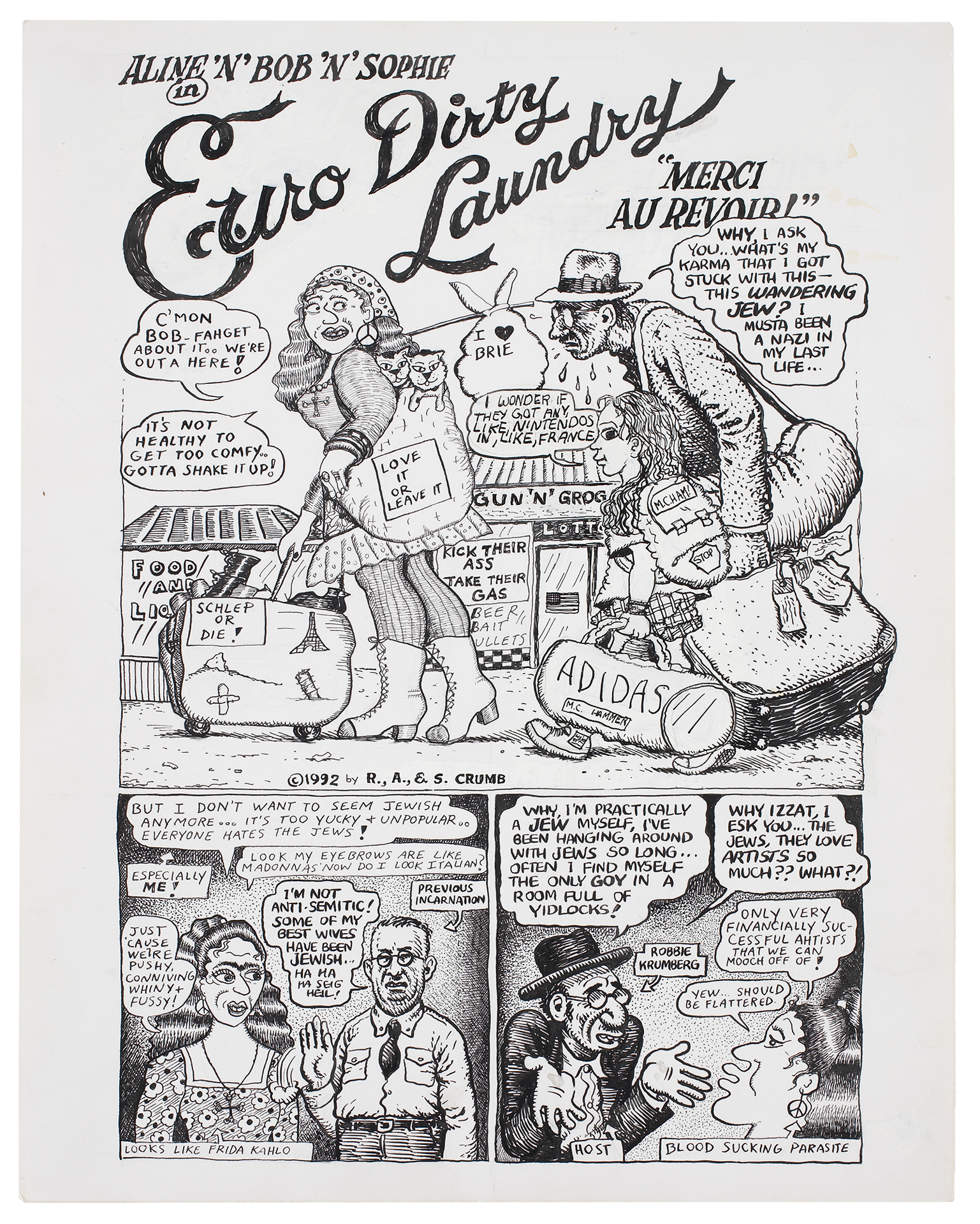 A drawing by Aline Kominsky Crumb and R. Crumb titled, Aline 'n' Bob 'n' Sophie in Euro-Dirty Laundry: "Merci au Revoir", dated 1992.
