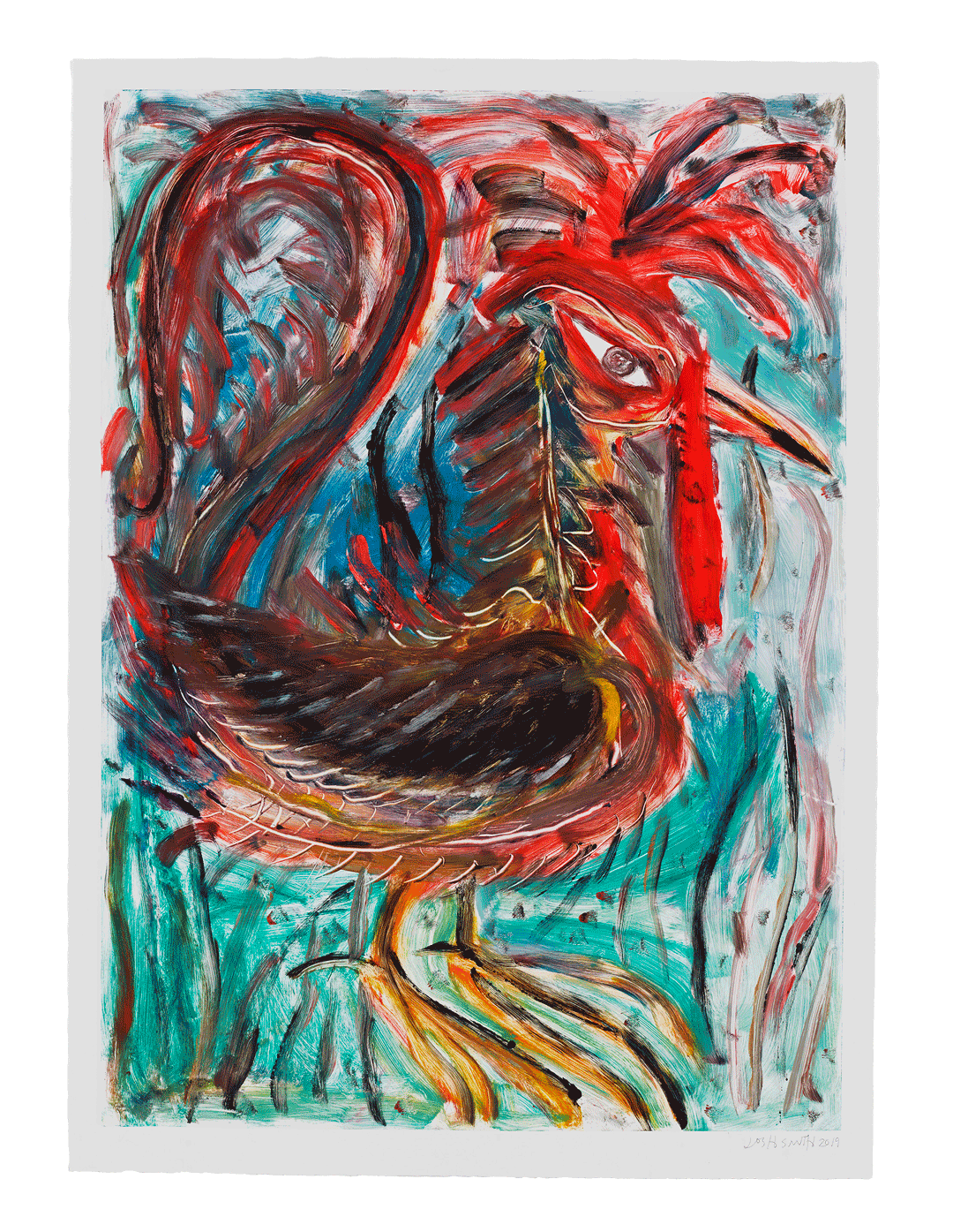 A print by Josh Smith, titled Rooster, dated 2019.