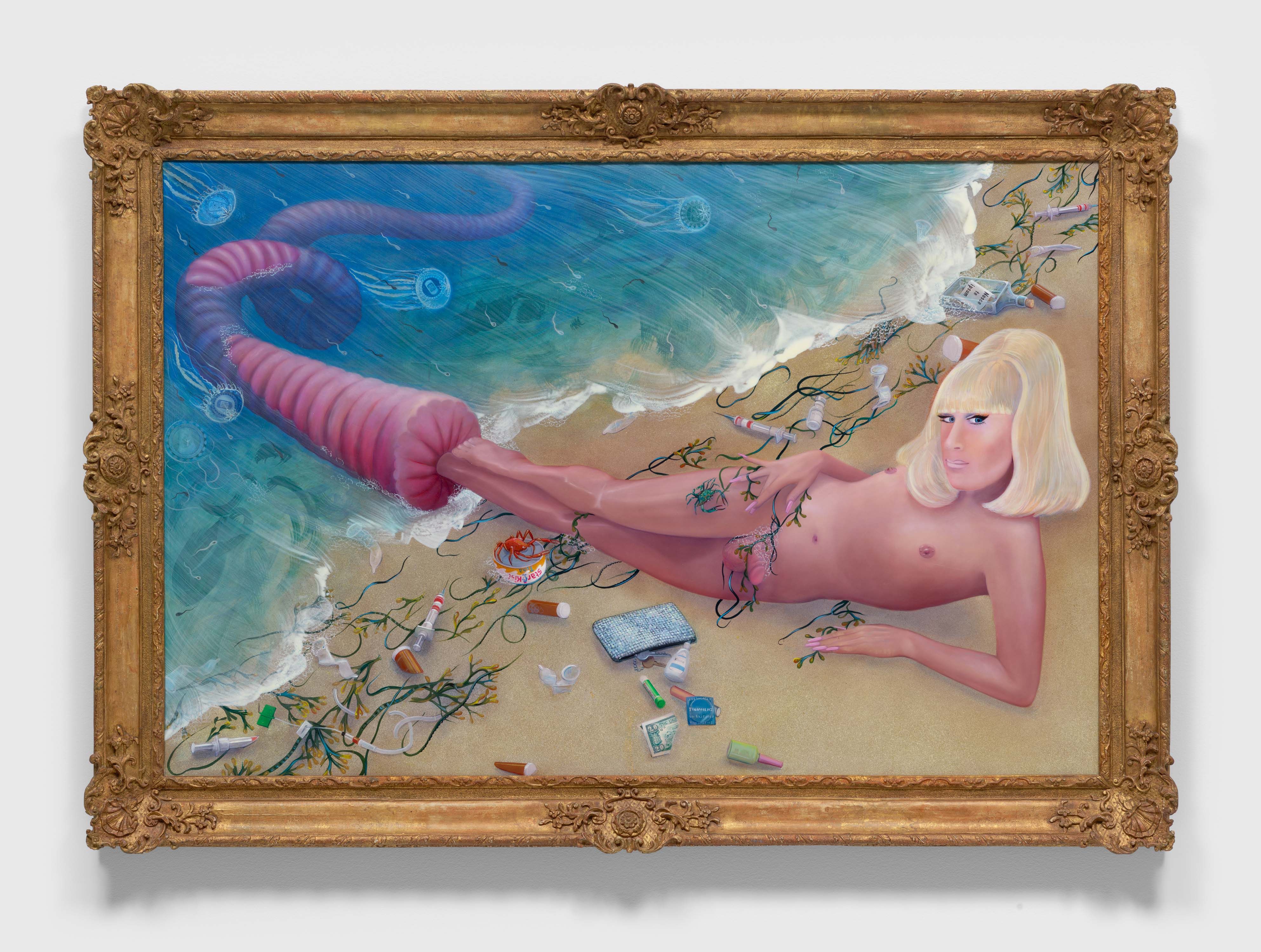 An oil and silkscreen artwork by Frank Moore, titled, Birth of Venus, dated 1993.