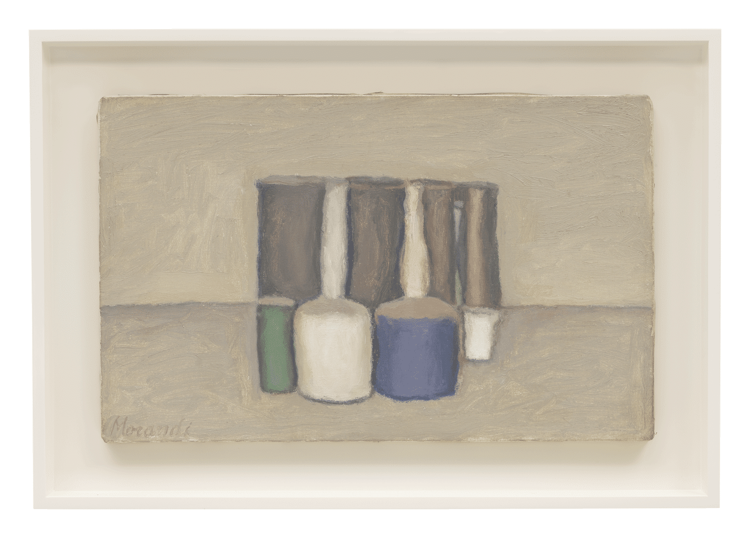 An oil painting on canvas by Giorgio Morandi, titled Natura morta (Still Life), dated 1959. 
