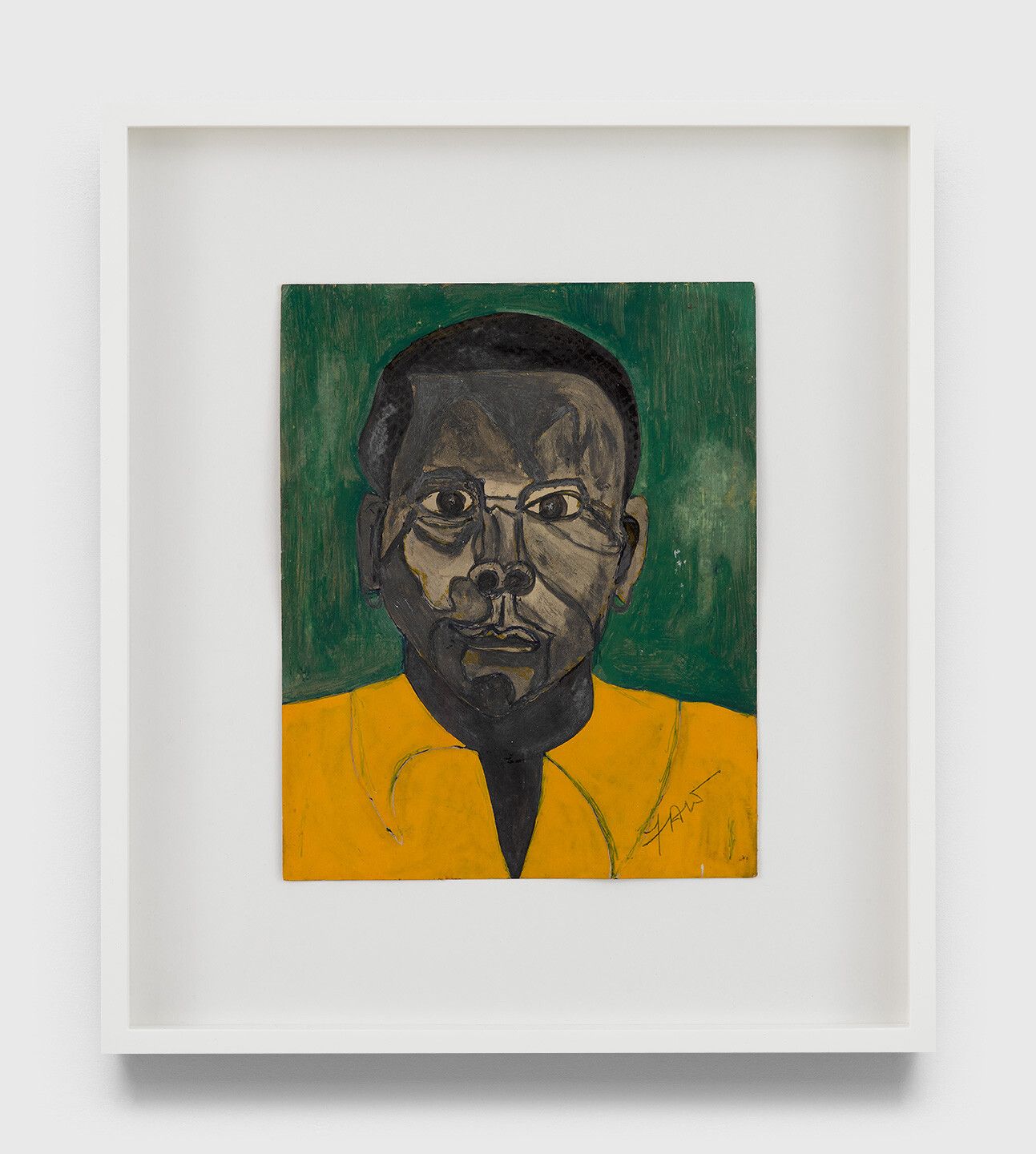 An undated oil painting on paper by Frank Walter, titled Untitled (Yellow shirted man on green background).