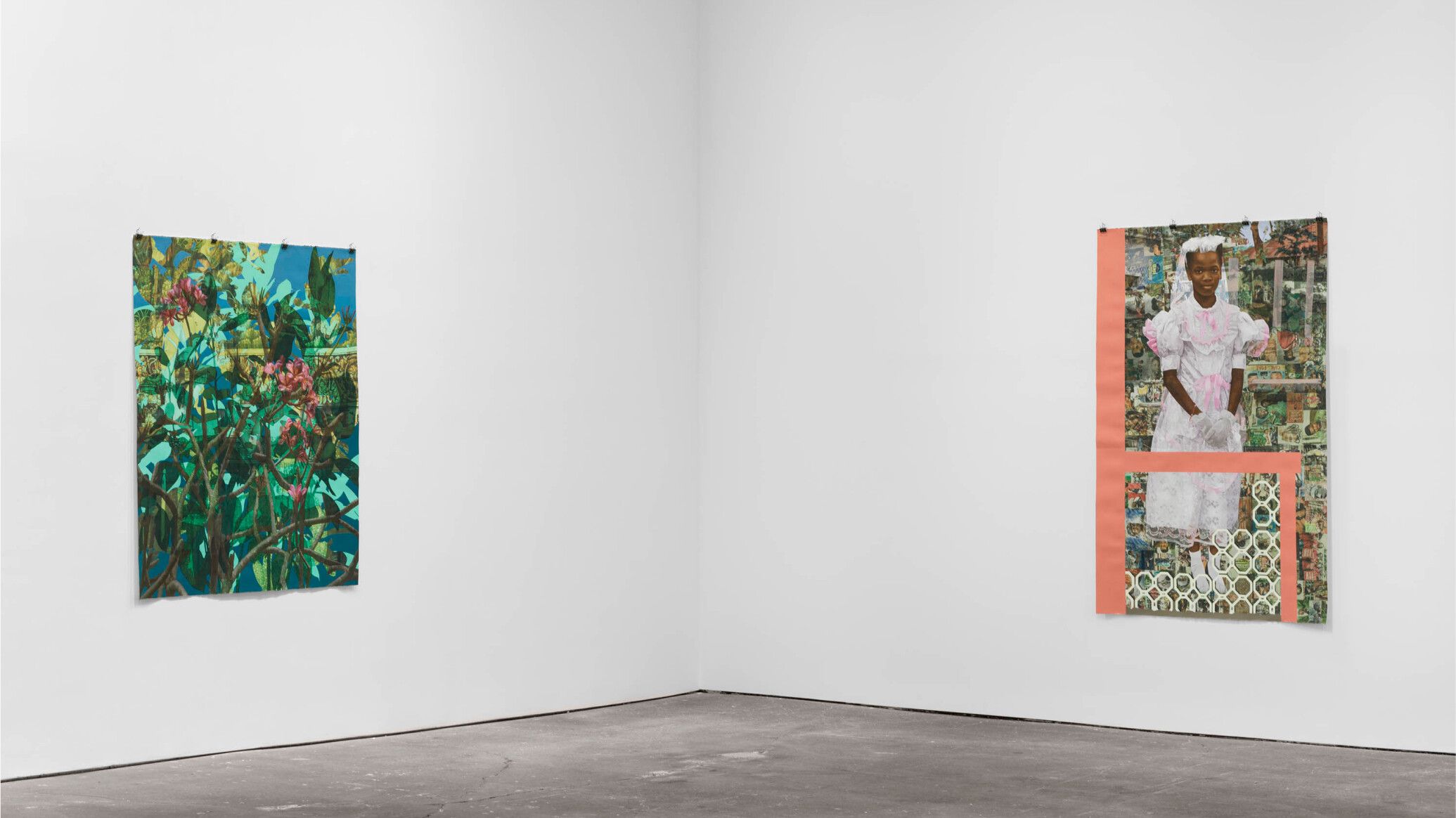 Installation view from the exhibition "Njideka Akunyili Crosby: Coming Back to See Through, Again" at David Zwirner in New York City, 2023