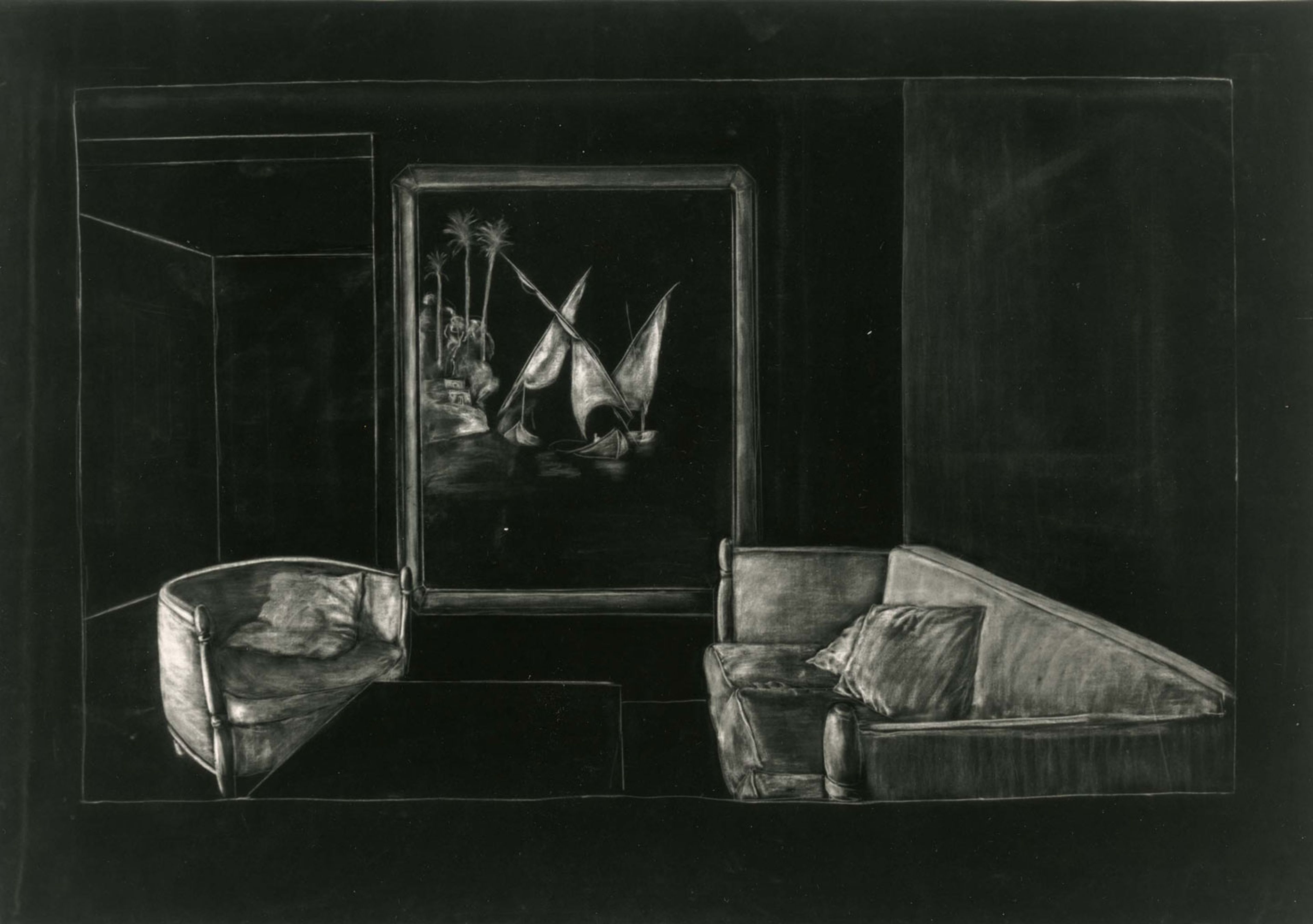 A white drawing on black paper by Juan Muñoz, titled Raincoat Drawing, dated 1989.