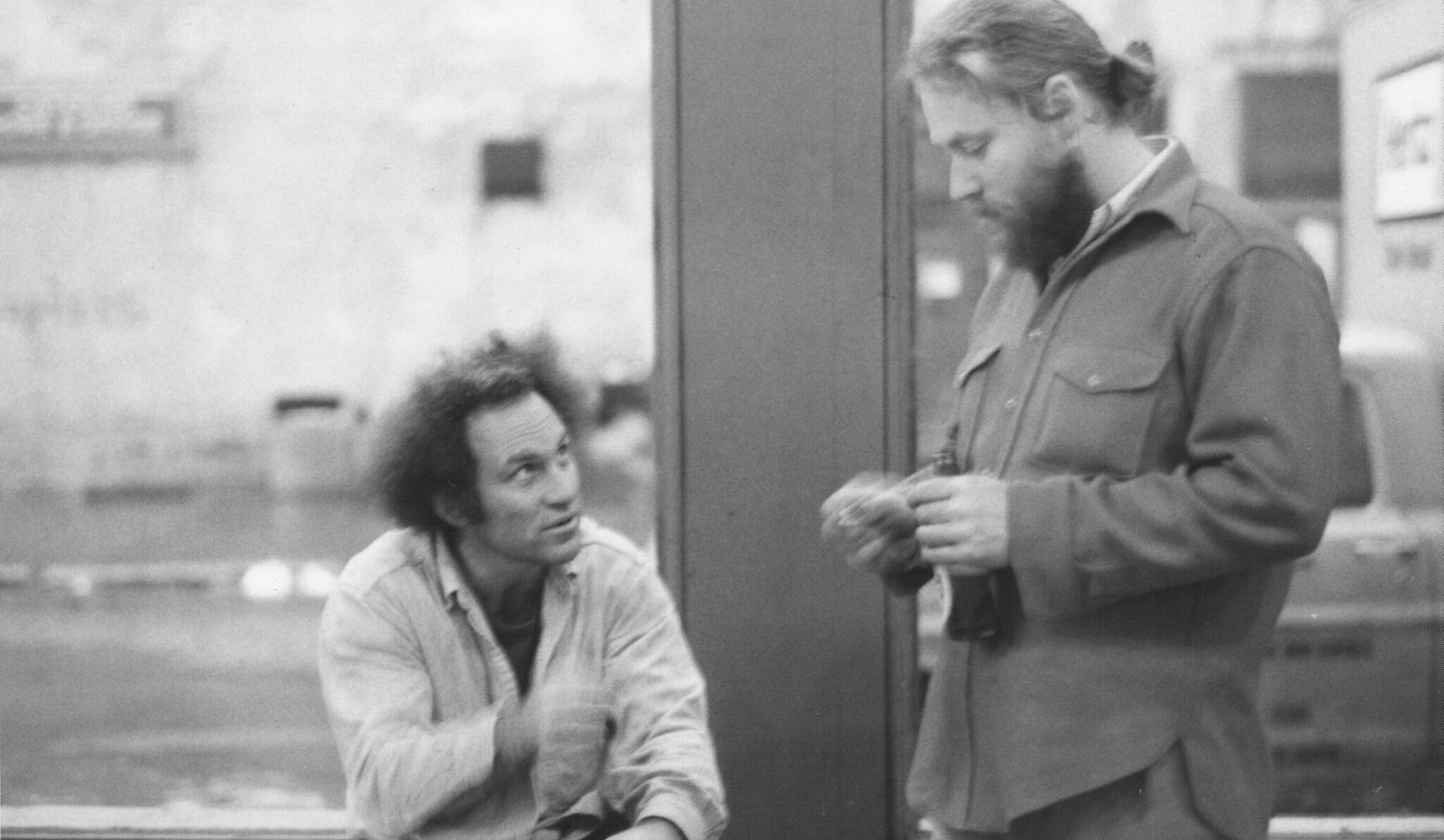 A photograph of Richard Serra and Donald Judd at Judd’s studio, New York, 1972