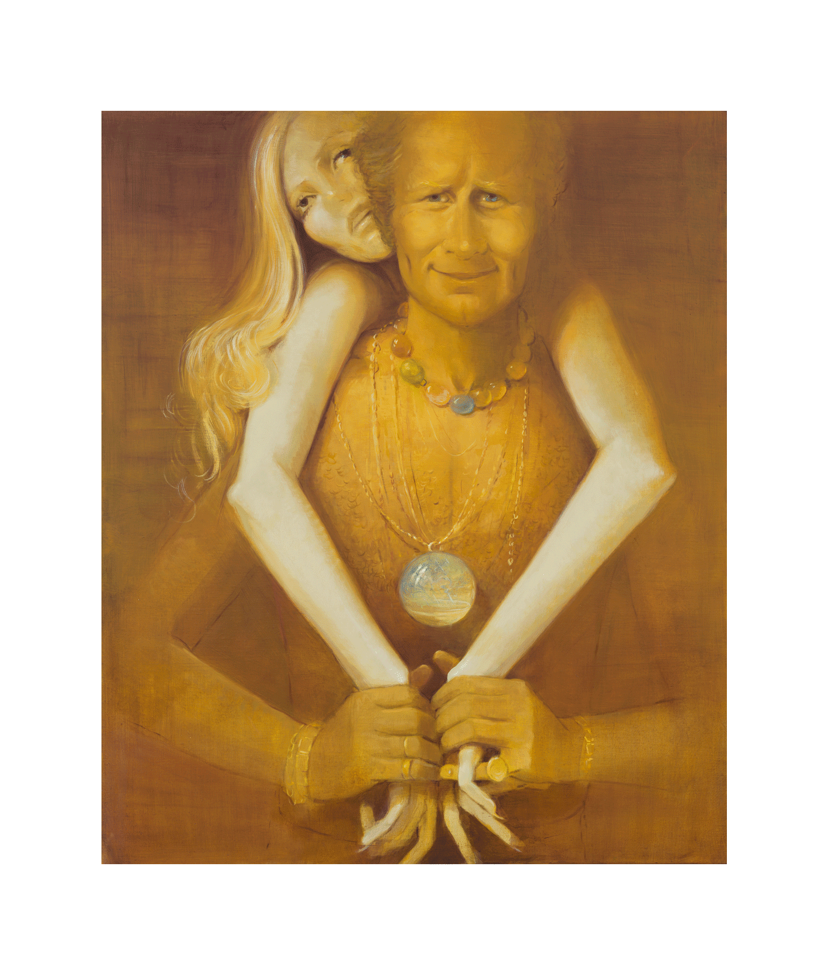 A painting by Lisa Yuskavage, titled Golden God, dated 2018.