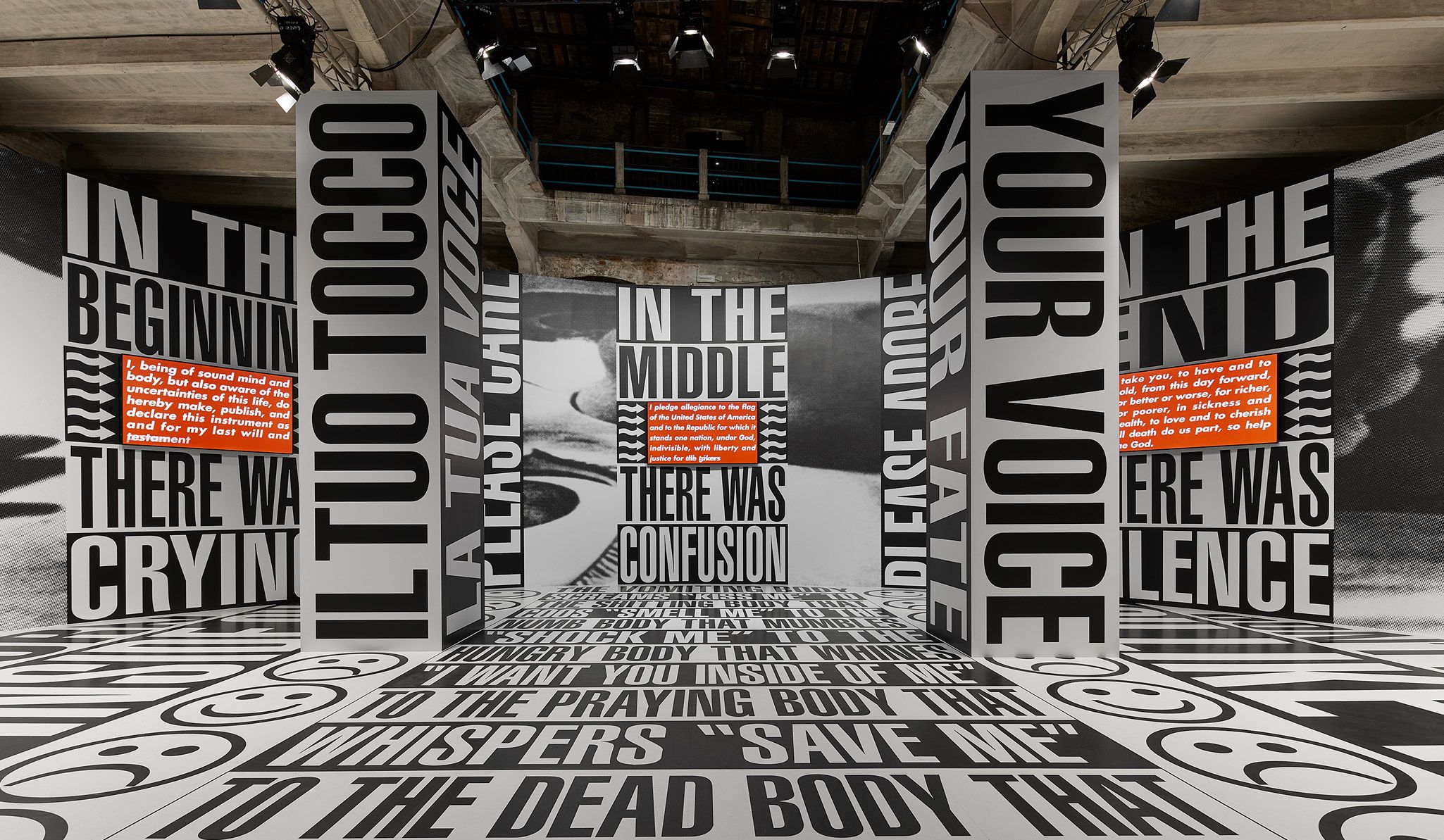 A Photo by Maris Mezulis of a Barbara Kruger installation view, 59th International Art Exhibition of La Biennale di Venezia, The Milk of Dreams, curated by Cecilia Alemani, dated 2022.