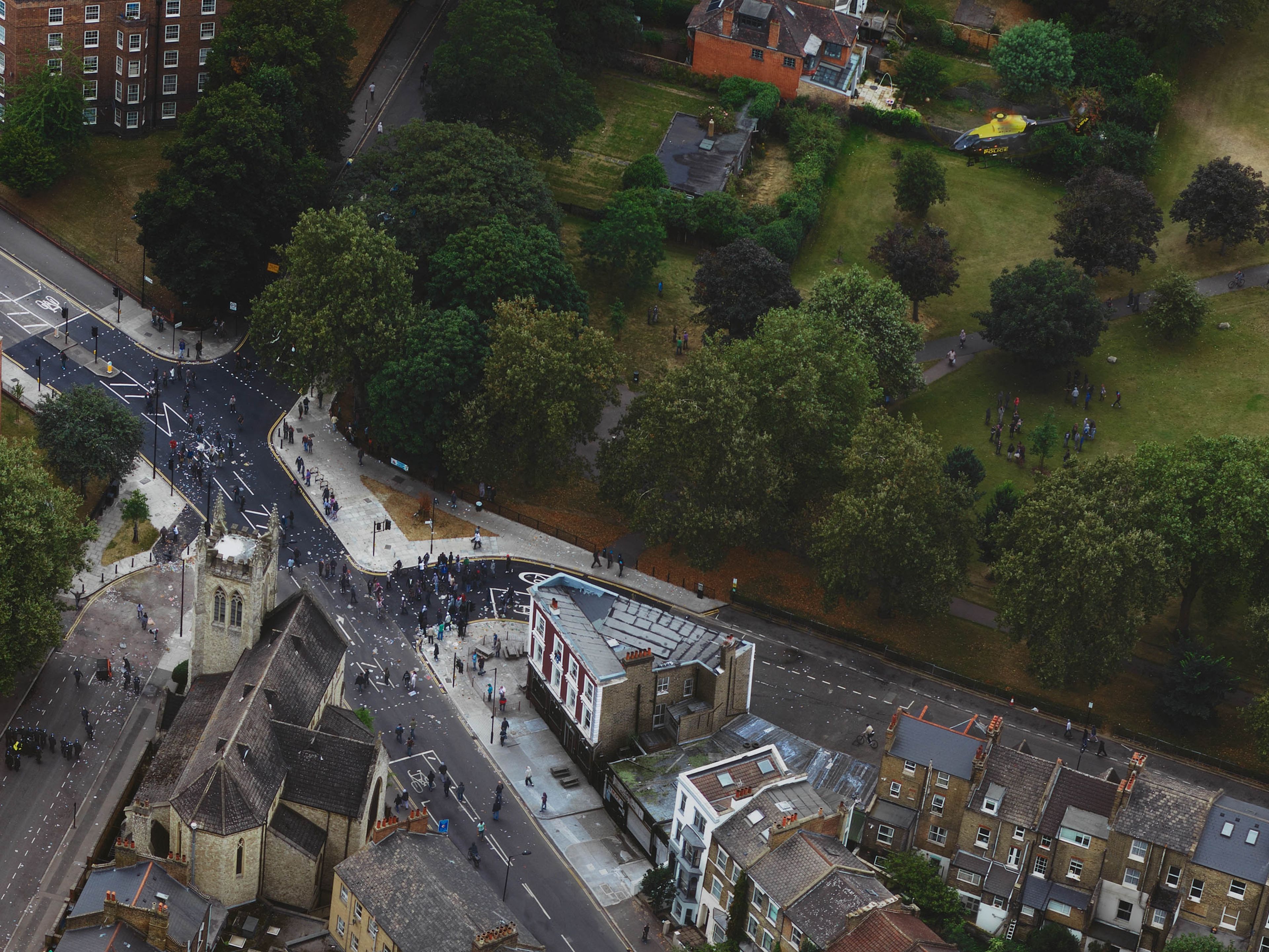 A detail from a photograph by Stan Douglas ﻿London, titled 9 August 2011 (Pembury Estate), dated 2017.