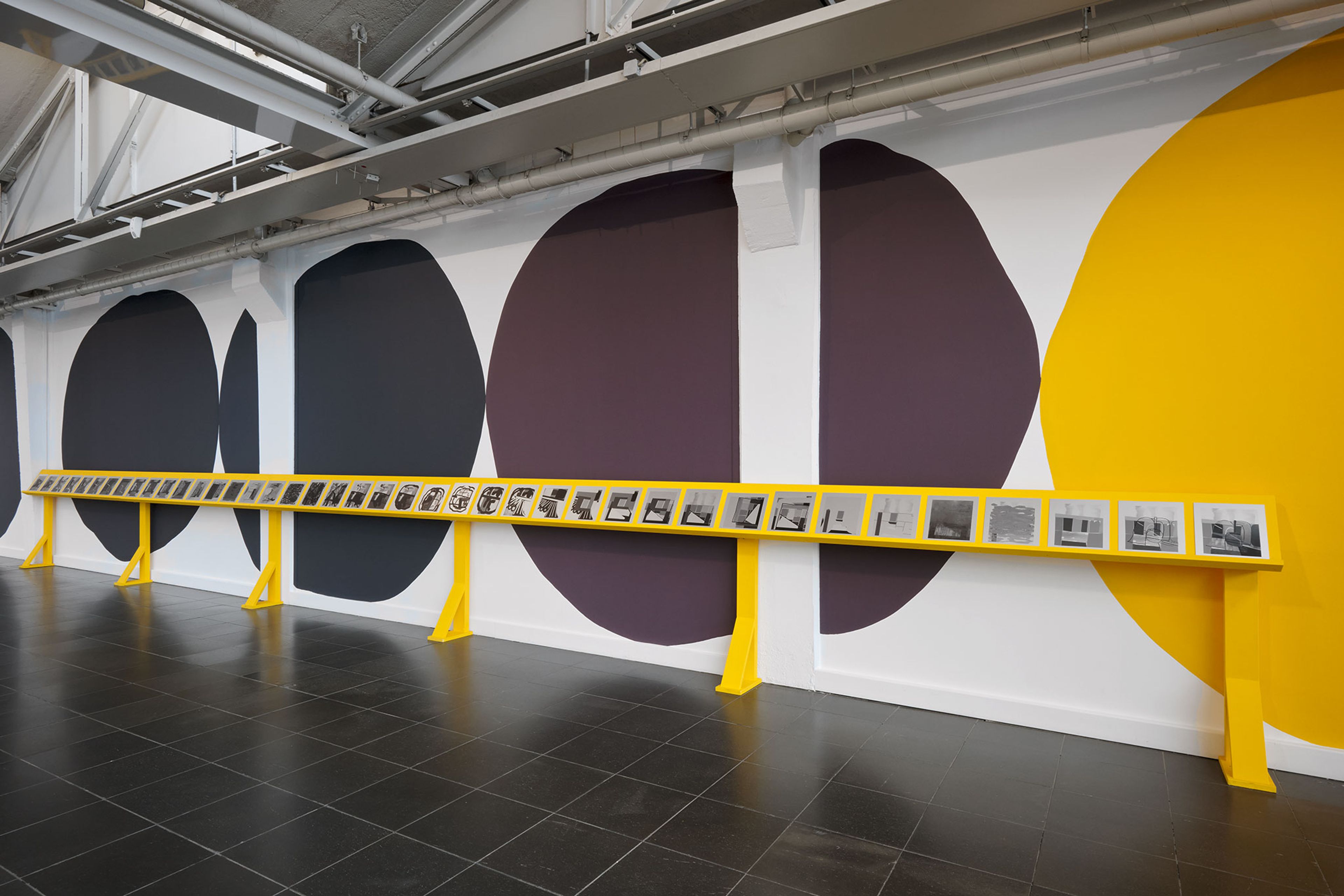 Installation view of the exhibition titled Amy Sillman: Oh Clock! at Ludwig Forum in Aachen, Germany, dated 2025.